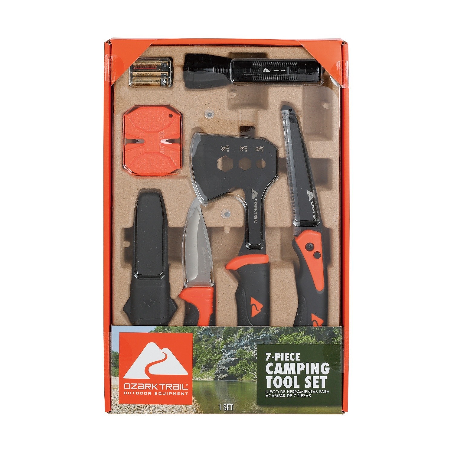 Ozark Trail 7-Piece Camping Multitool Set with Hammer, Axe, Flashlight, and Kniv