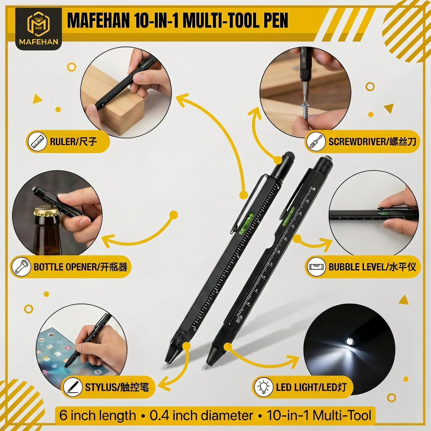 Multitool Pen 2 Pack 10-in-1 EDC LED Light Screwdriver Bubble Level Ruler Stylus