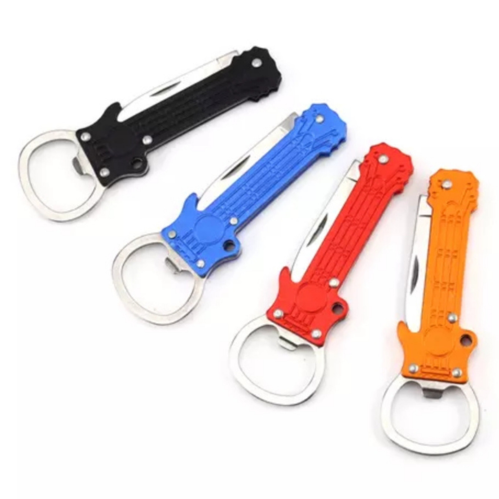 GUITAR SHAPE METAL KEY CHAIN & BOTTLE OPENER KNIFE PEELER SURVIVAL FOLDING BLADE