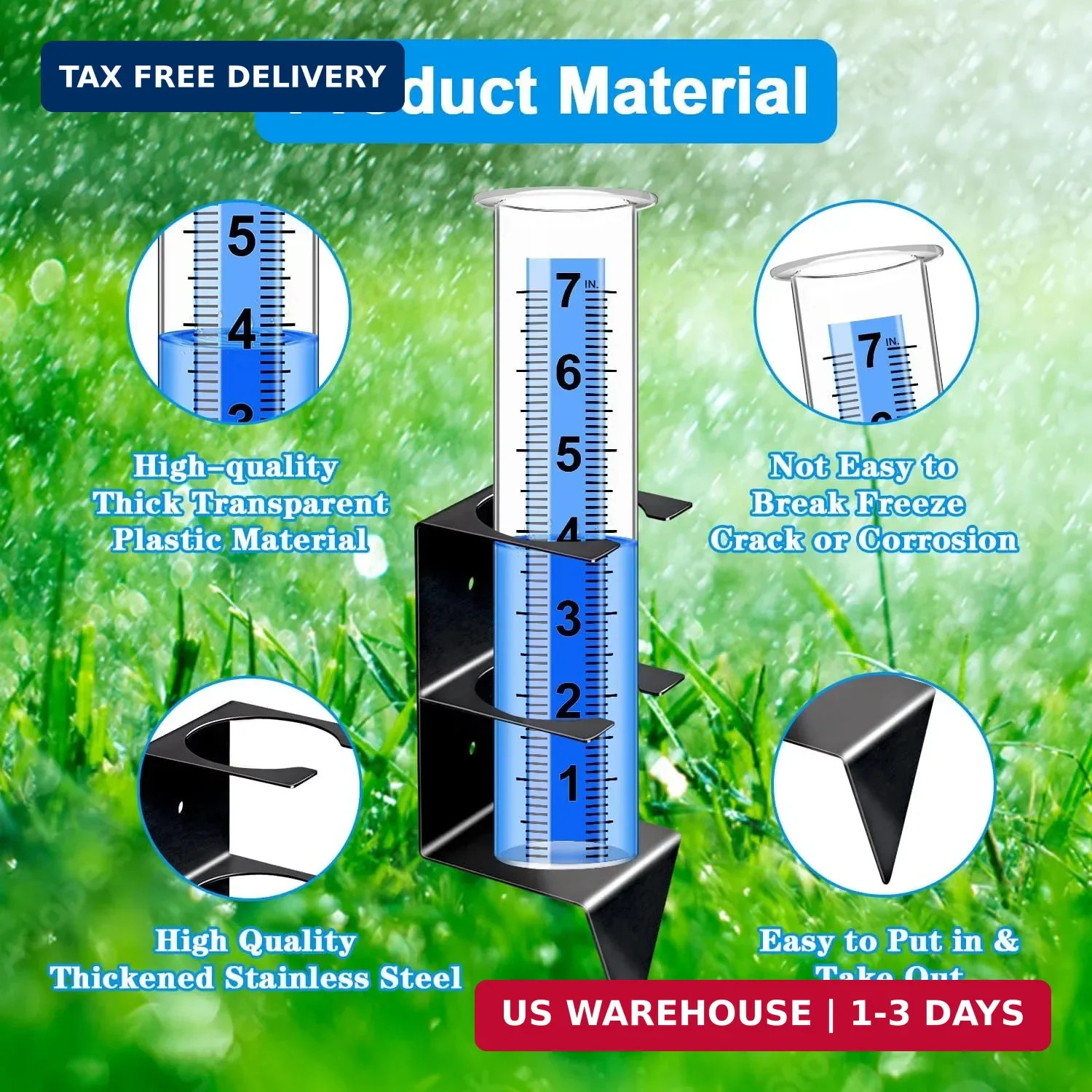 Outdoor Rain Gauge 7 Inch with Black Stainless Steel Bracket, Freeze-Proof Clear