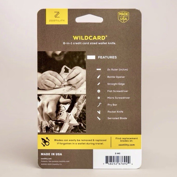 NEW! Zootility WILDCARD WALLET KNIFE 8-in-1 Multi-Tool, Stainless Steel, 2×3”