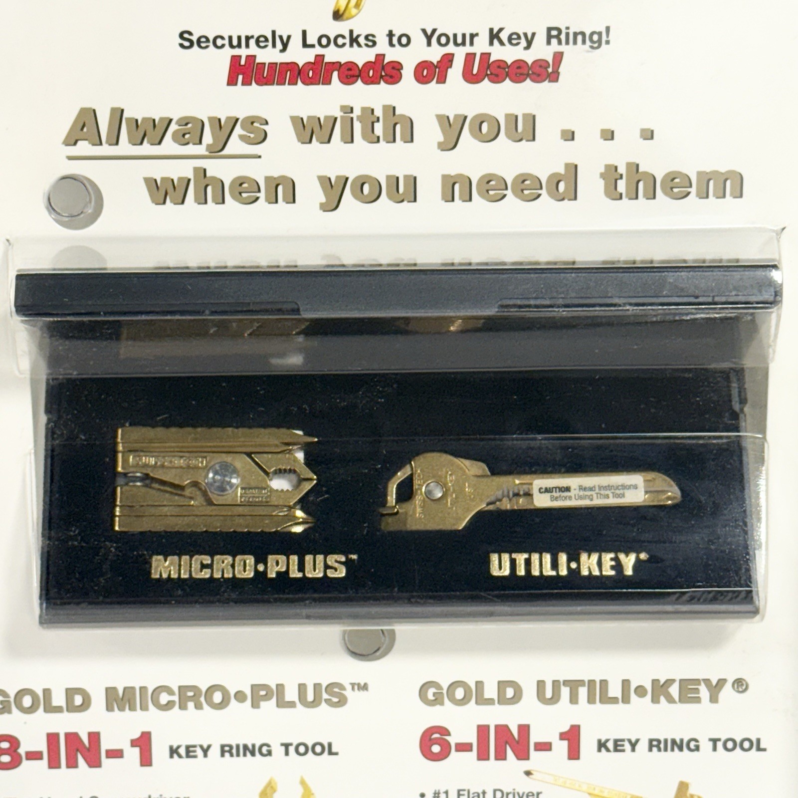 SWISS+TECH Gold Tone Micro-Plus & Utili-Key Ring Multi Tool Set New Sealed NOS