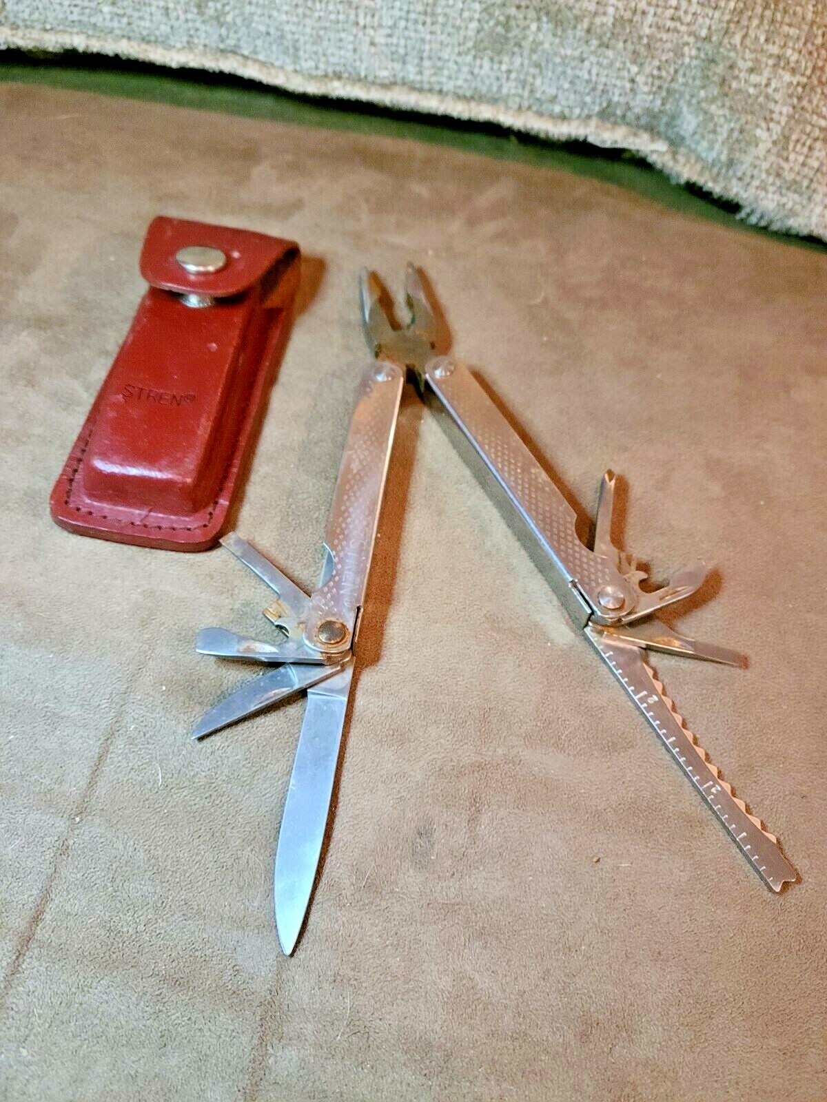 Stren Stainless Steel Multi Tool w Leather Belt Sheath Folding Pliers Rare