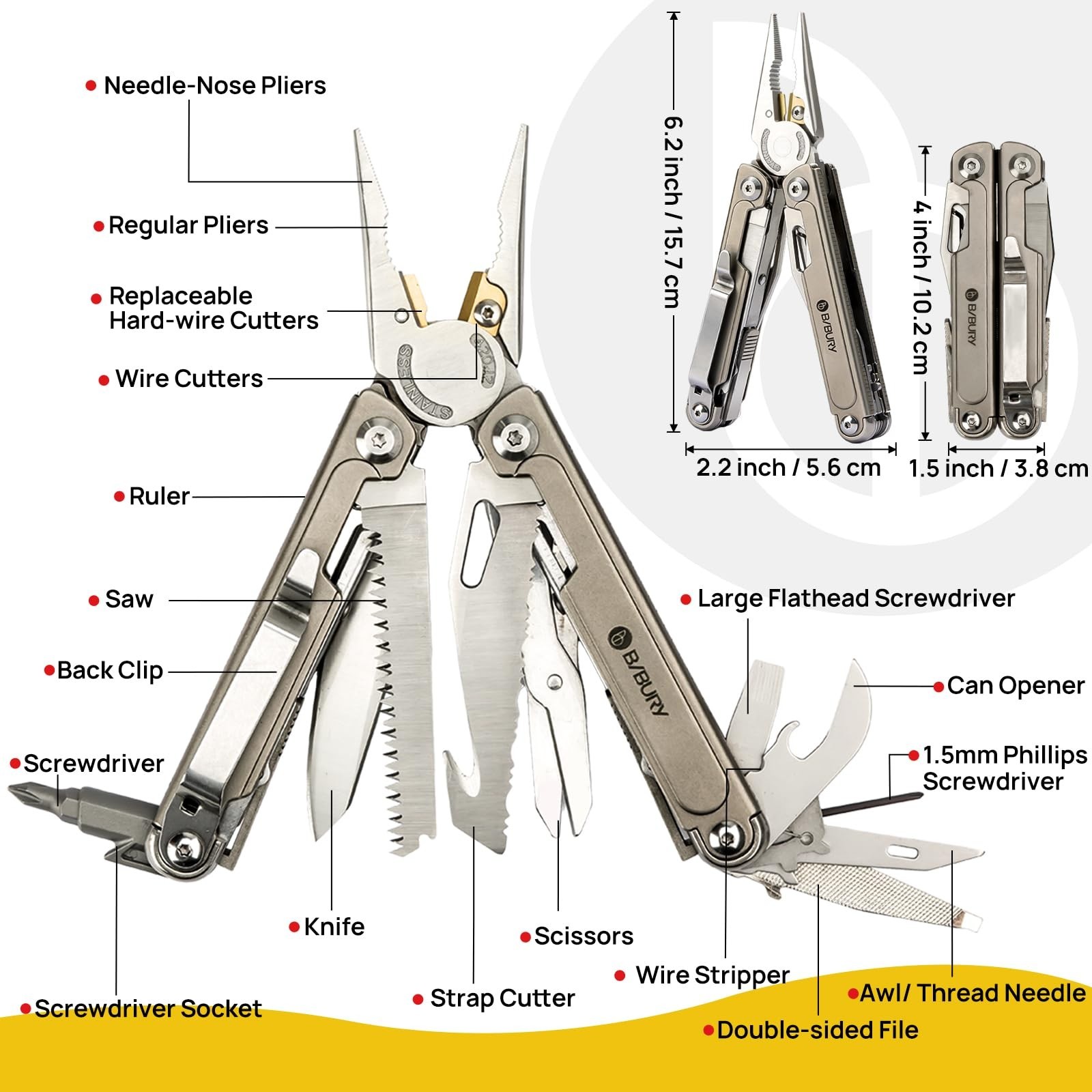 24-in-1 Titanium Multitool Pliers – Ultra-Light EDC Pocket Tool, Sheath & Clip,