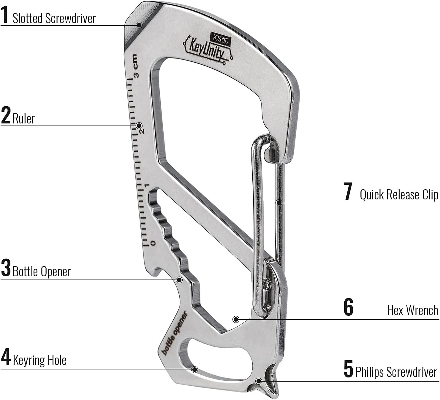 KS00 Carabiner Clip Multitool Stainless Steel 7 Tools in 1, Quick Release Clasp,