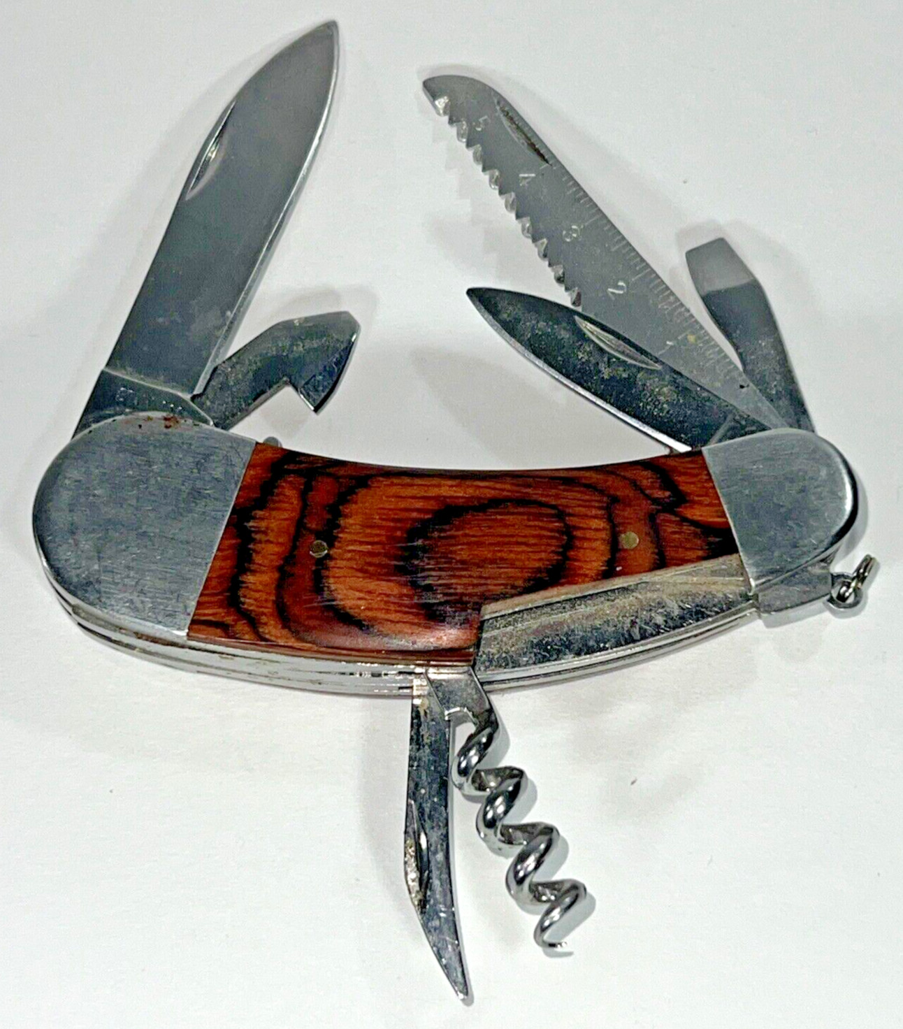 Camping Knife Wooden Handle with 7 Different Tools Attached with a Hanging Ring