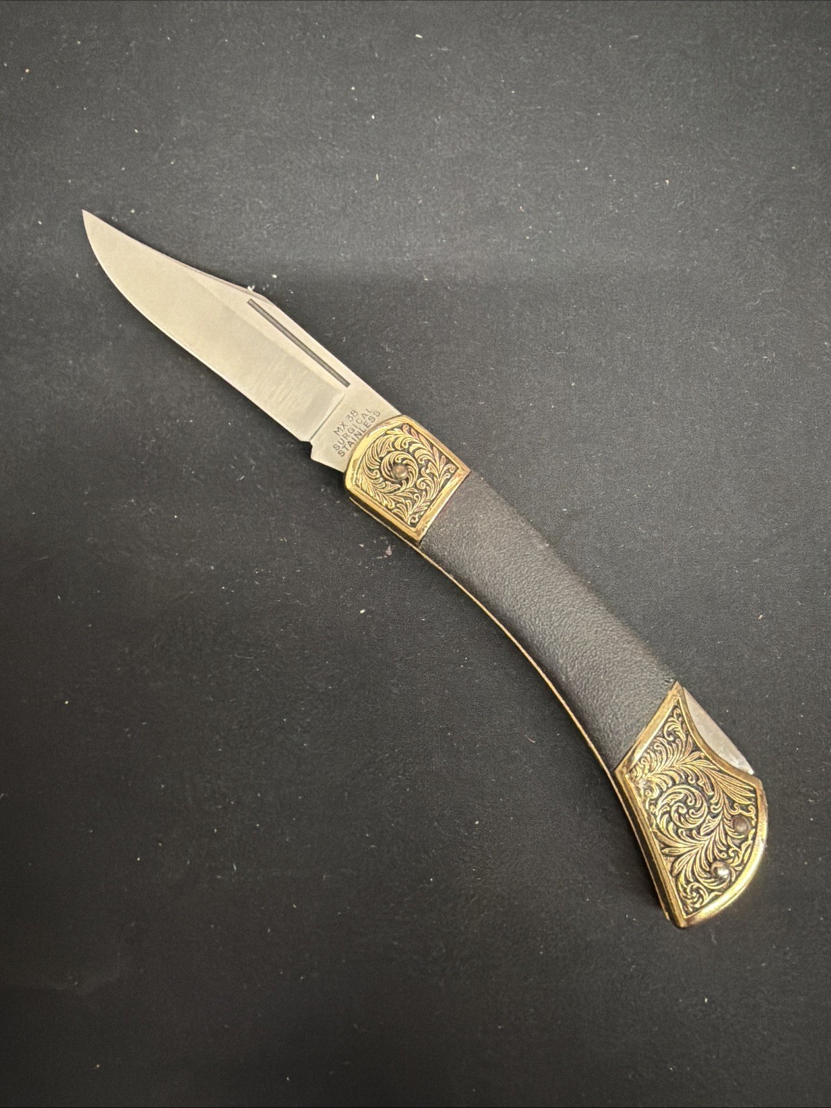 Maxam MX38 Lockback Knife Surgical Stainless Blade gold brass handle Japan