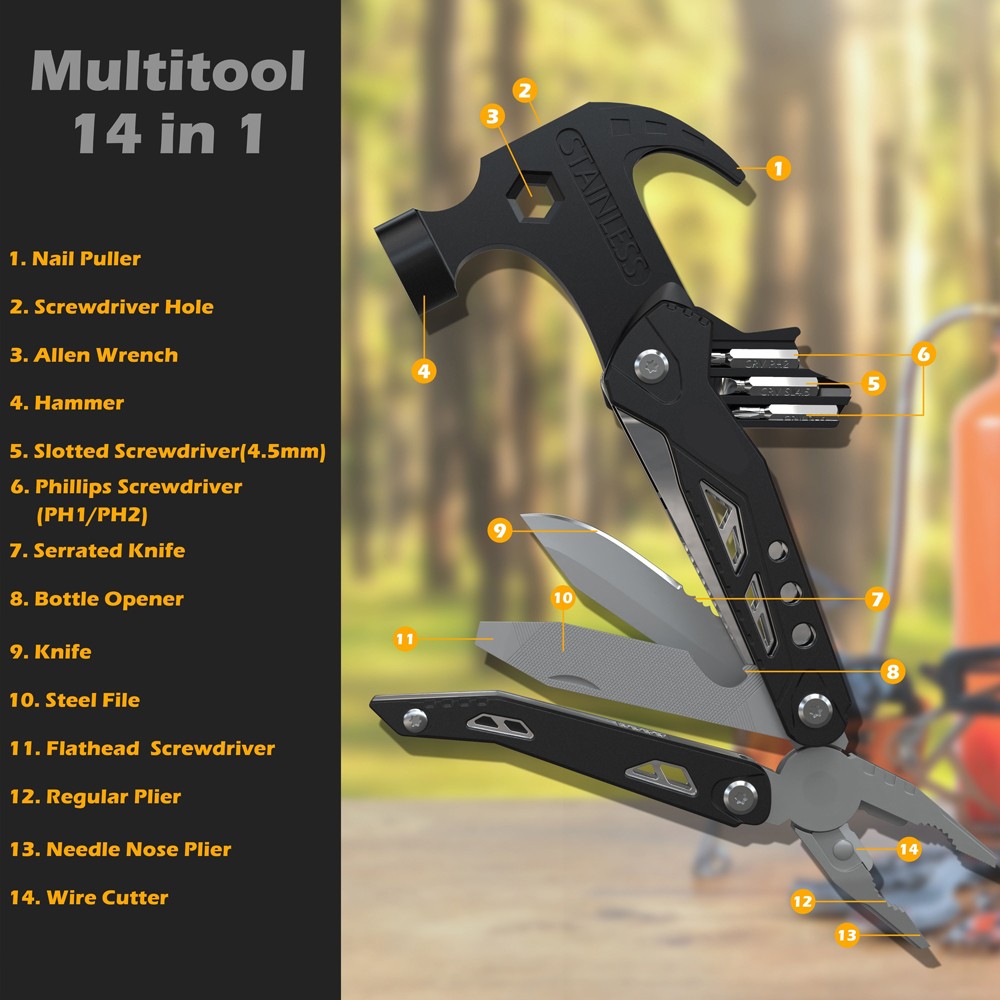 Heavy Duty 14-in-1 Multitool for Hiking, Fishing, DIY Projects – Stainless Steel