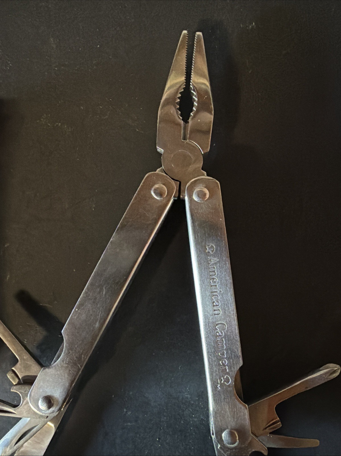 VTG American Camper Stainless Steel Multi Tool Foldable W Brown Belt Case Sheath