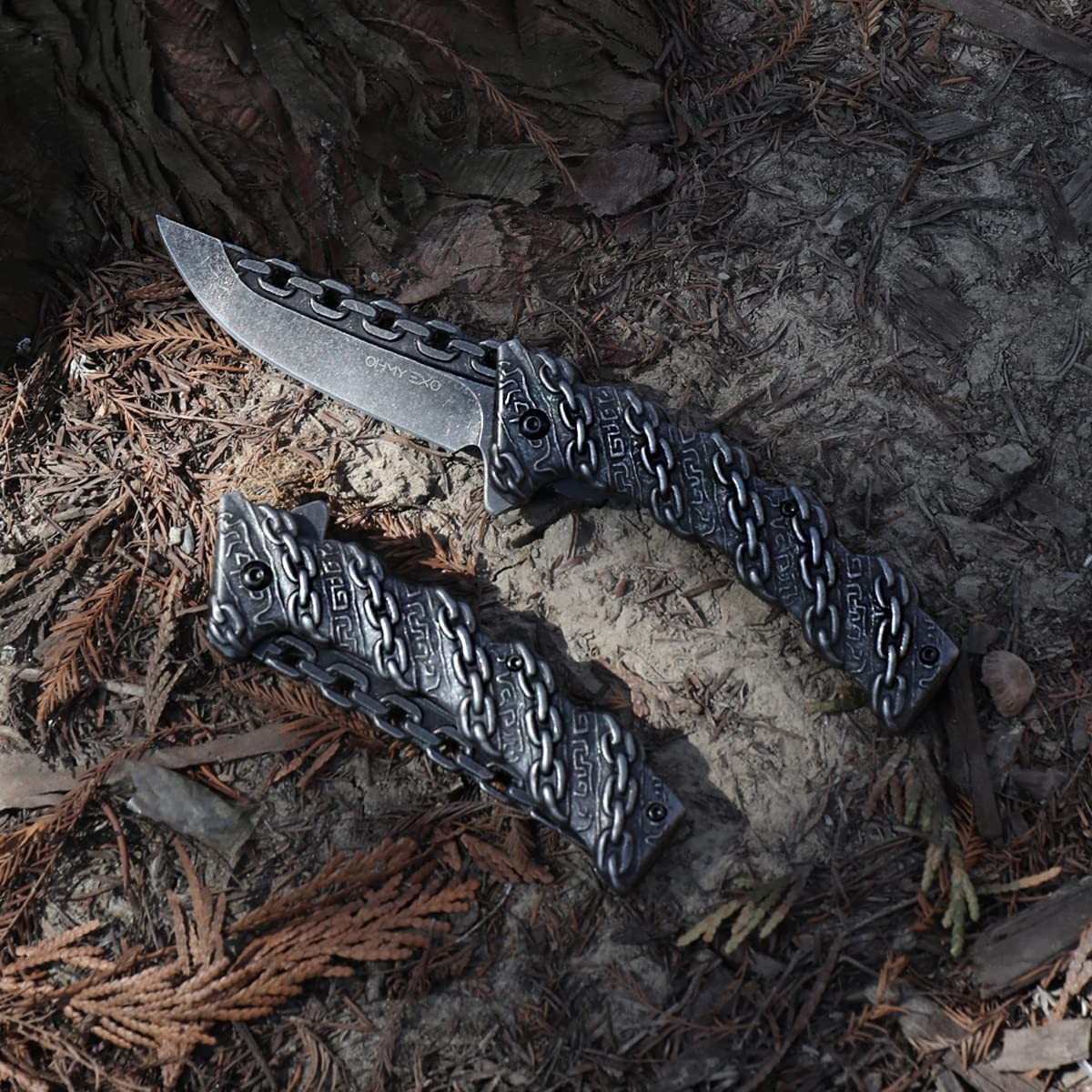 Stainless Steel Pocket Folding Knife With A Sculpted Chain Handle Safety Liner L