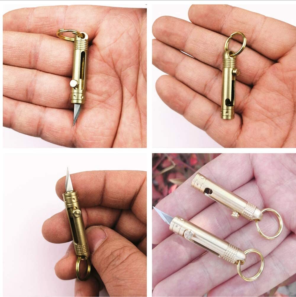 EDC Mini Portable Paper Knife Folding Pocket Keychain Brass Pendant Cutter Blade