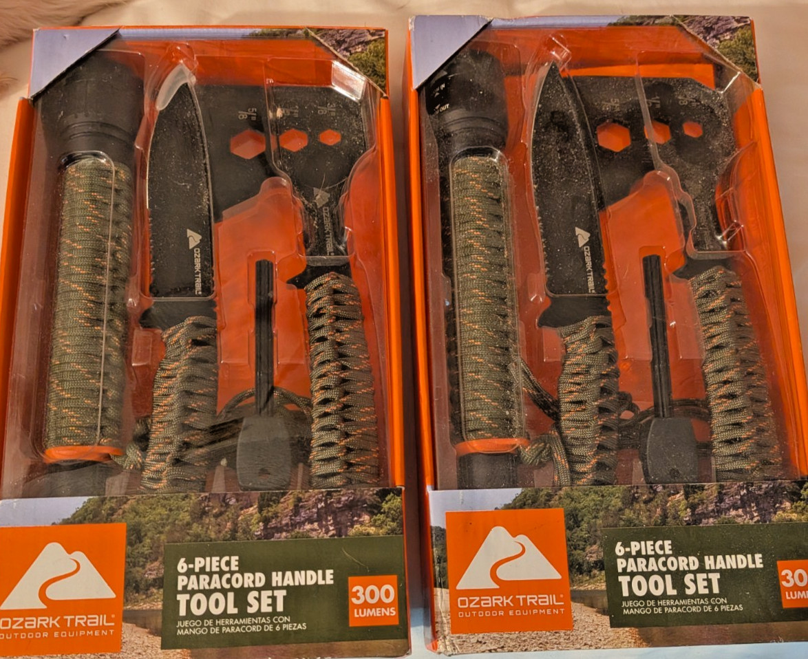 2 – Ozark Trail 6 pc Paracord Handle Camping Knife Hatchet Flashlight – BOGO