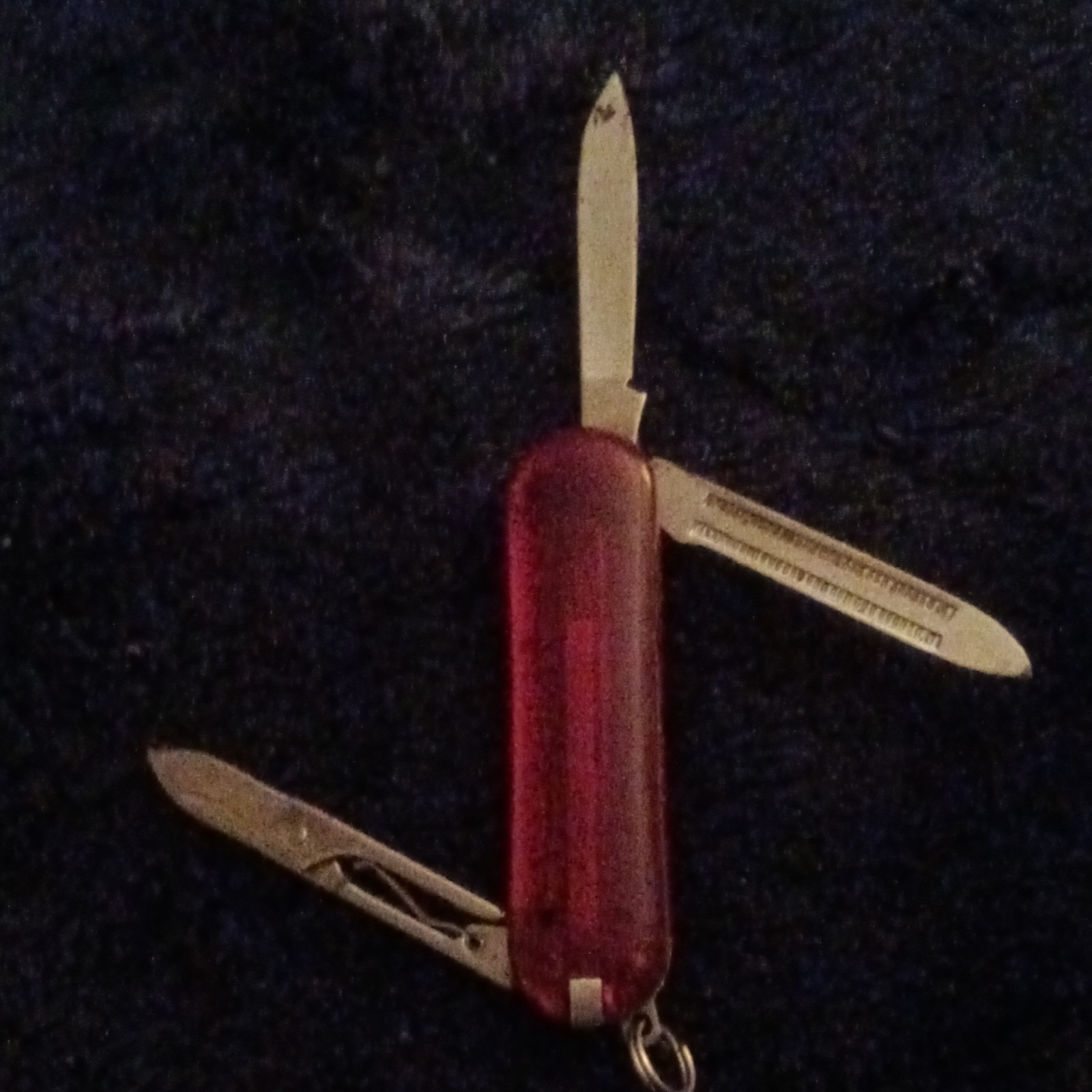 Red Plastic Handle Multi-Tool Pocket Knife, Stainless Straight Edge, Keyring