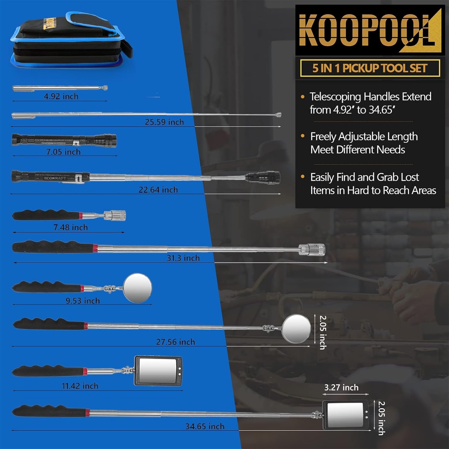 Telescoping Magnetic Pickup Tool Set, Inspection Mirror Telescoping, LED Flashli