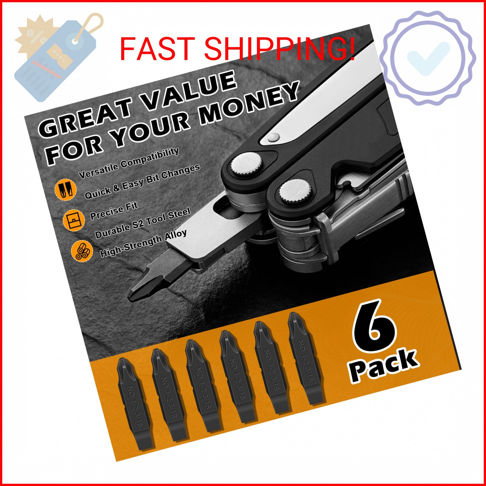 6-Pack Double-Sided Screwdriver Bits Compatible with Leatherman Multi-Tools – #1