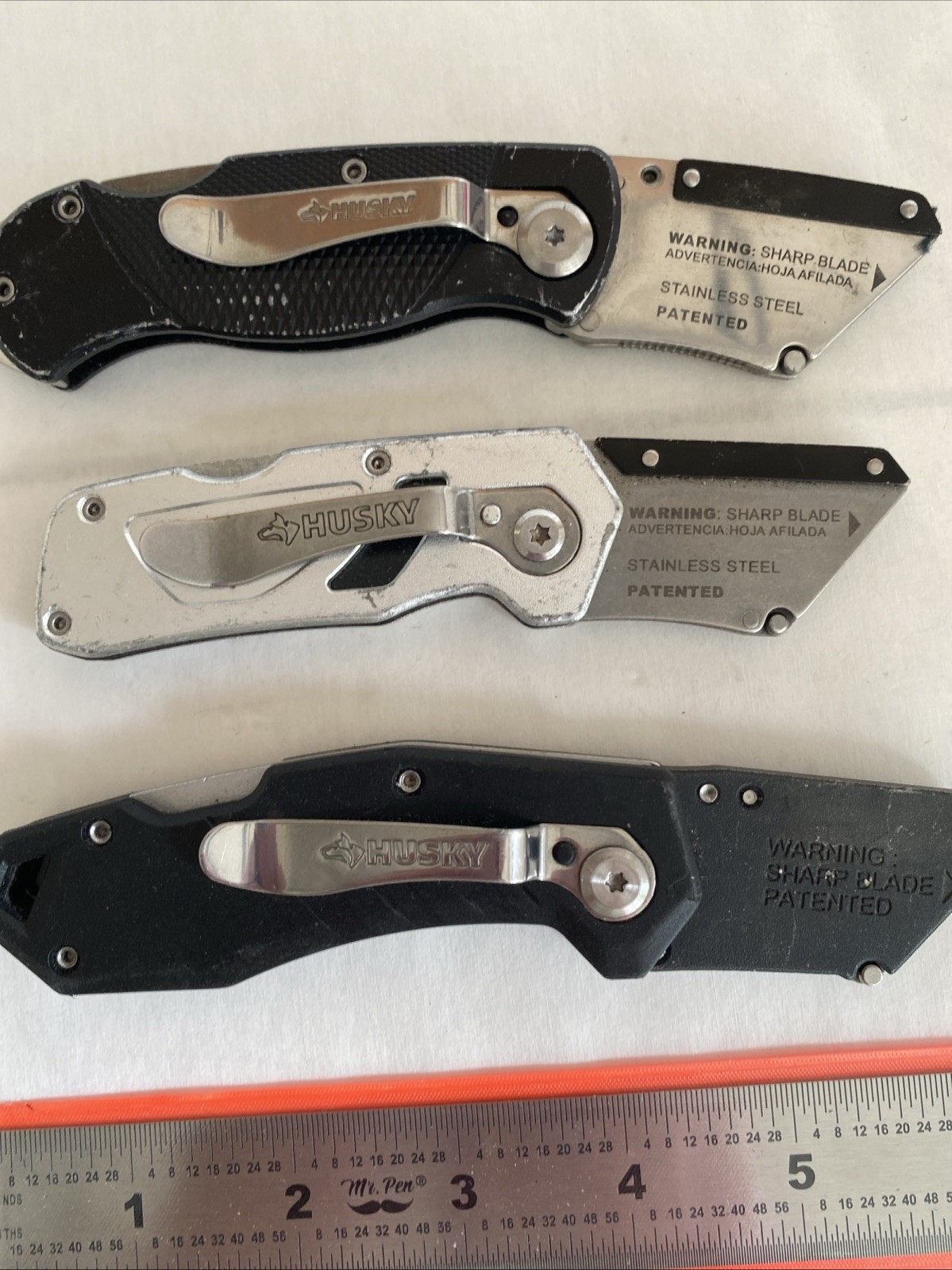 Lot Of 3 Husky Black Folding Lockback Pocket Utility Knife Set, Box Cutter Tool