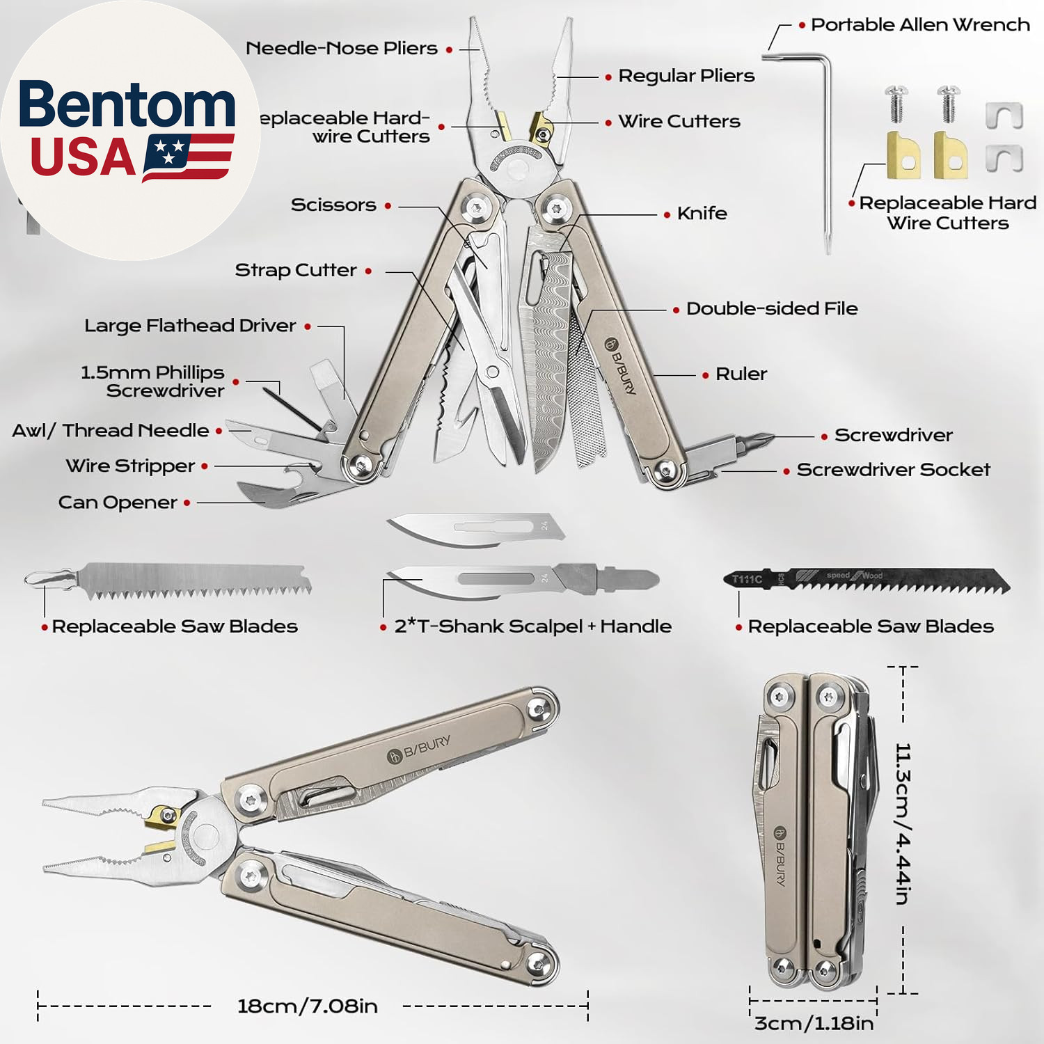 Titanium Alloy Multitool with Damascus Knife, EDC Multi Tools with Replaceable W