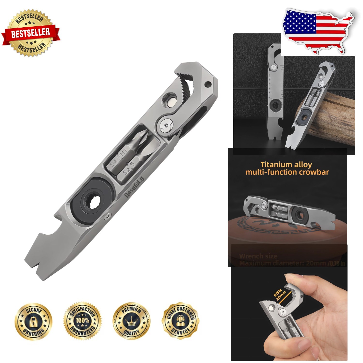 Titanium Pry Bar Multi-tool EDC – Bottle Opener Wrench Screwdriver Nail Puller