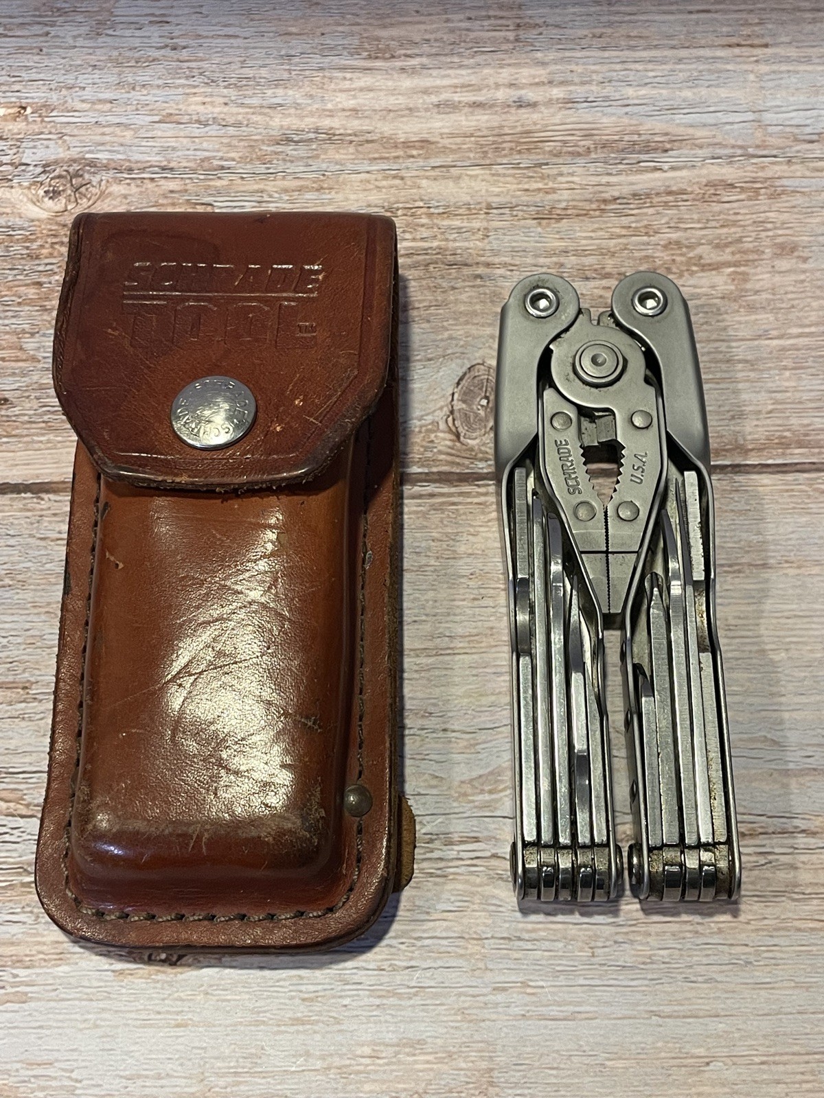 Vintage Schrade Tough Tool ST1 Multi-Tool Pliers Knife w Leather Sheath Nice!