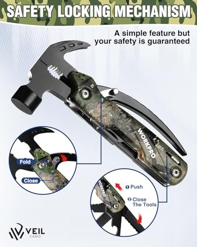 12-in-1 Camping Multitool with Mini Hammer, EDC Gear, Safety Lock & Pouch – Camo