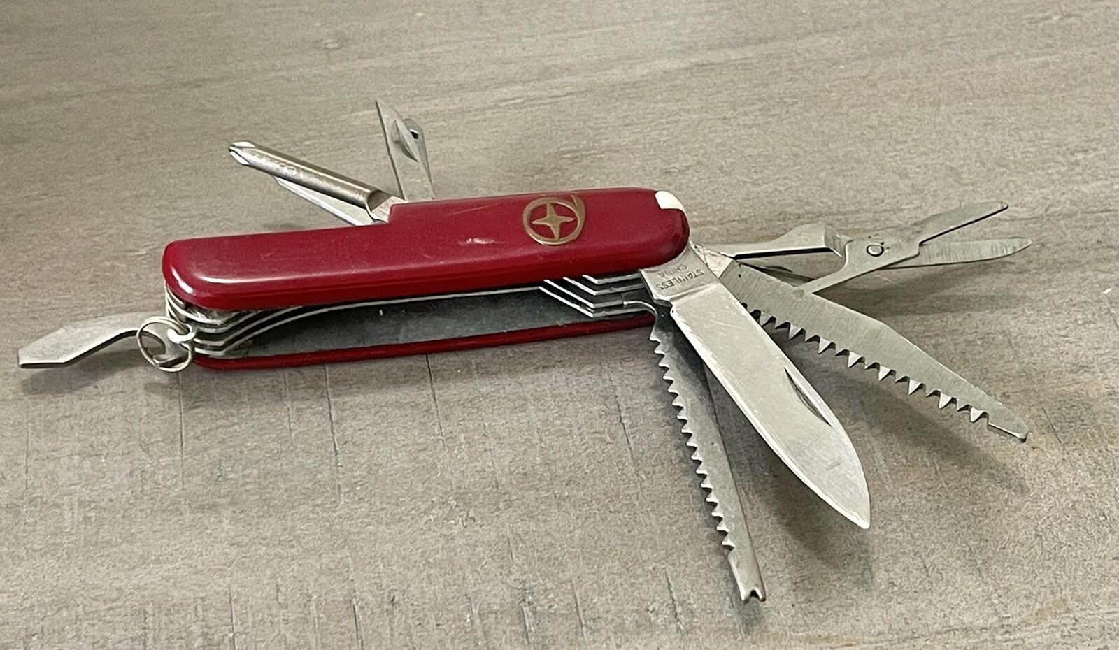 Vintage Red Stainless China Multi Function Pocket Knife Multi Tool