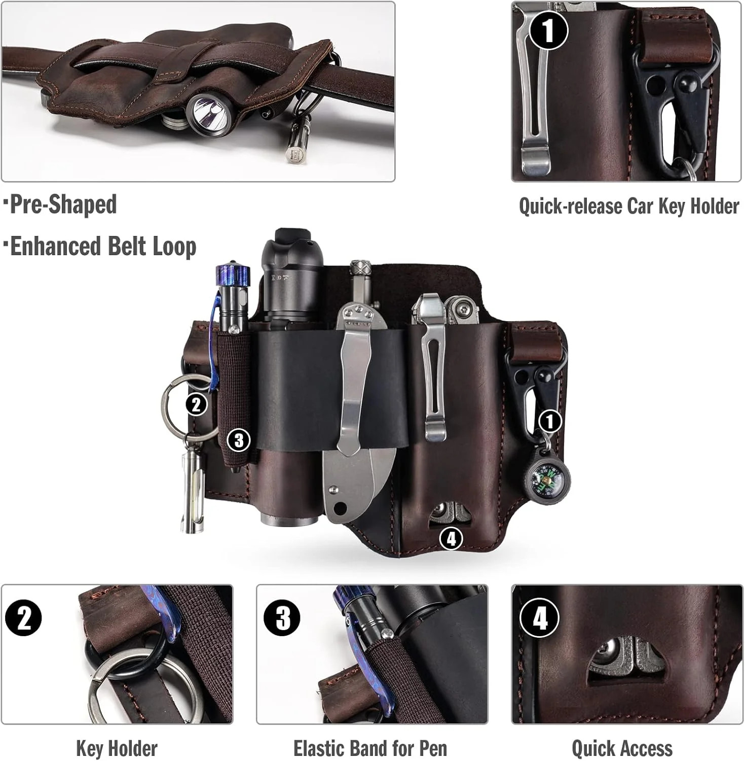 Leather Multitool Sheath – EDC Belt Organizer for Leatherman Tools, Flashlight,