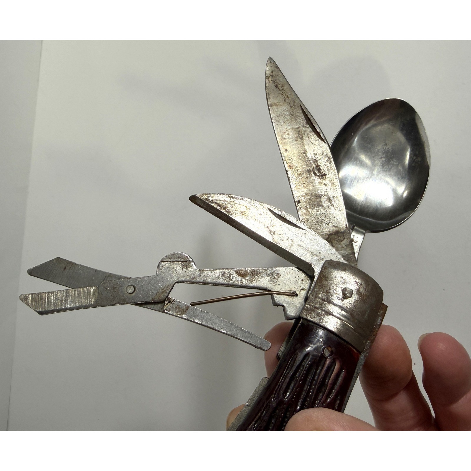 Vintage 10 Blade Multi-Tool Pocket Knife Utensil Set Fork Spoon Saw Blade – More