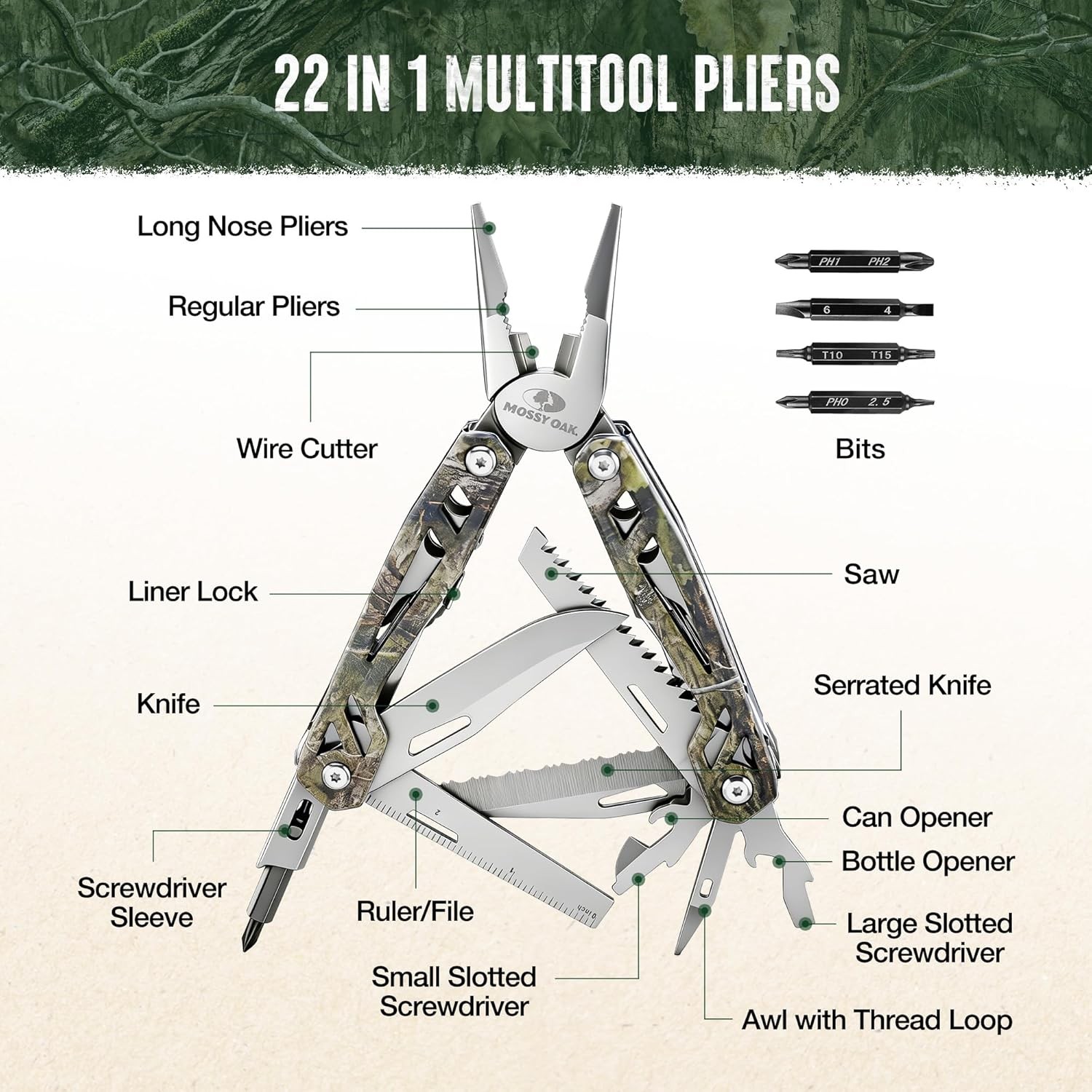 MOSSY OAK 22-in-1 Multitool Stainless Steel Plier Self-locking Knife with Sheath