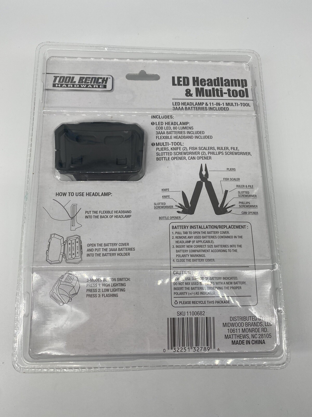 Tool Bench Hardware Led Headlamp And 11-IN-1 Multi-tool