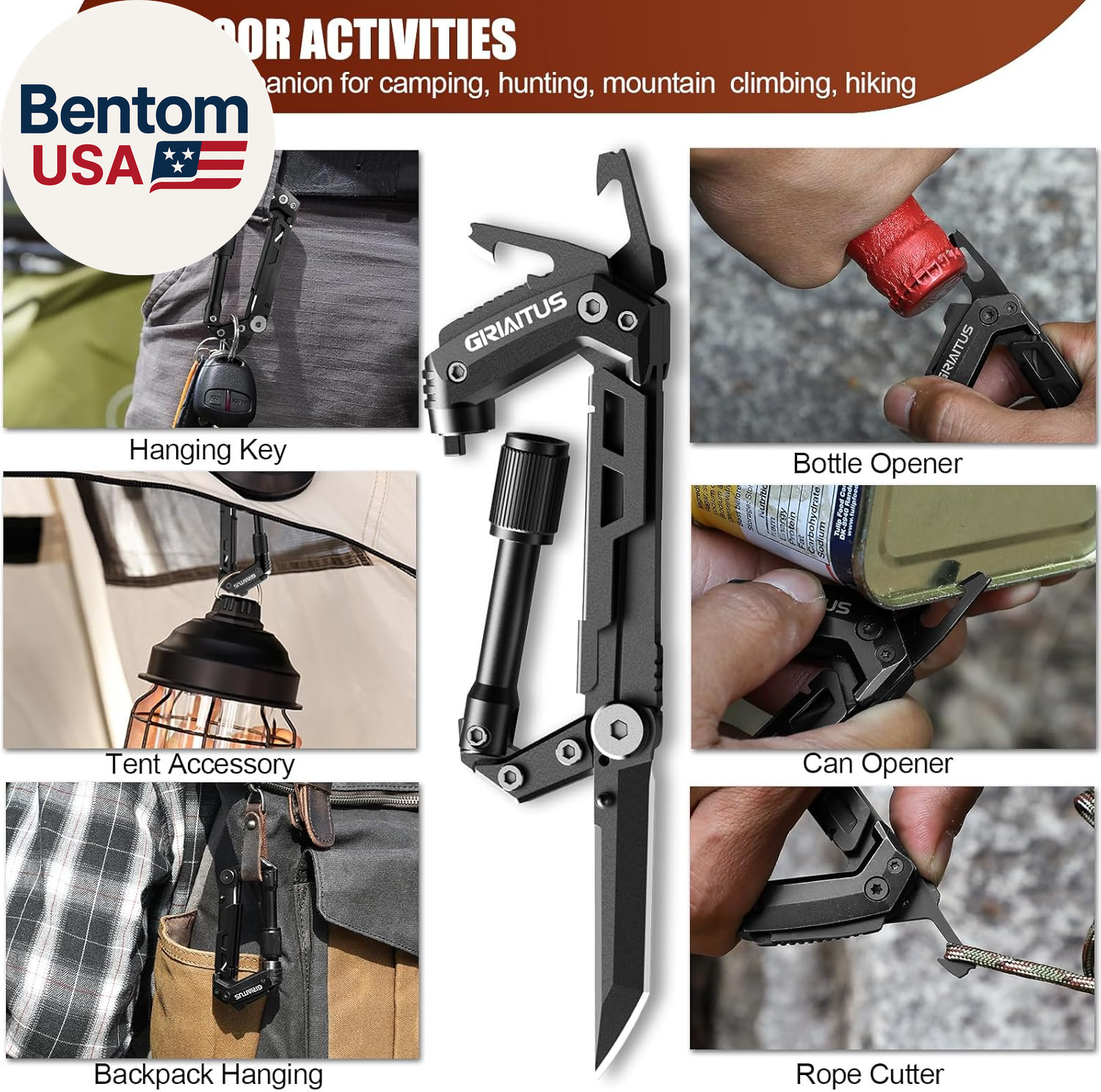 Carabiner Multitool 8-In-1 EDC Carabiners Pocket Knife, Serrated Knife, Rope Cut