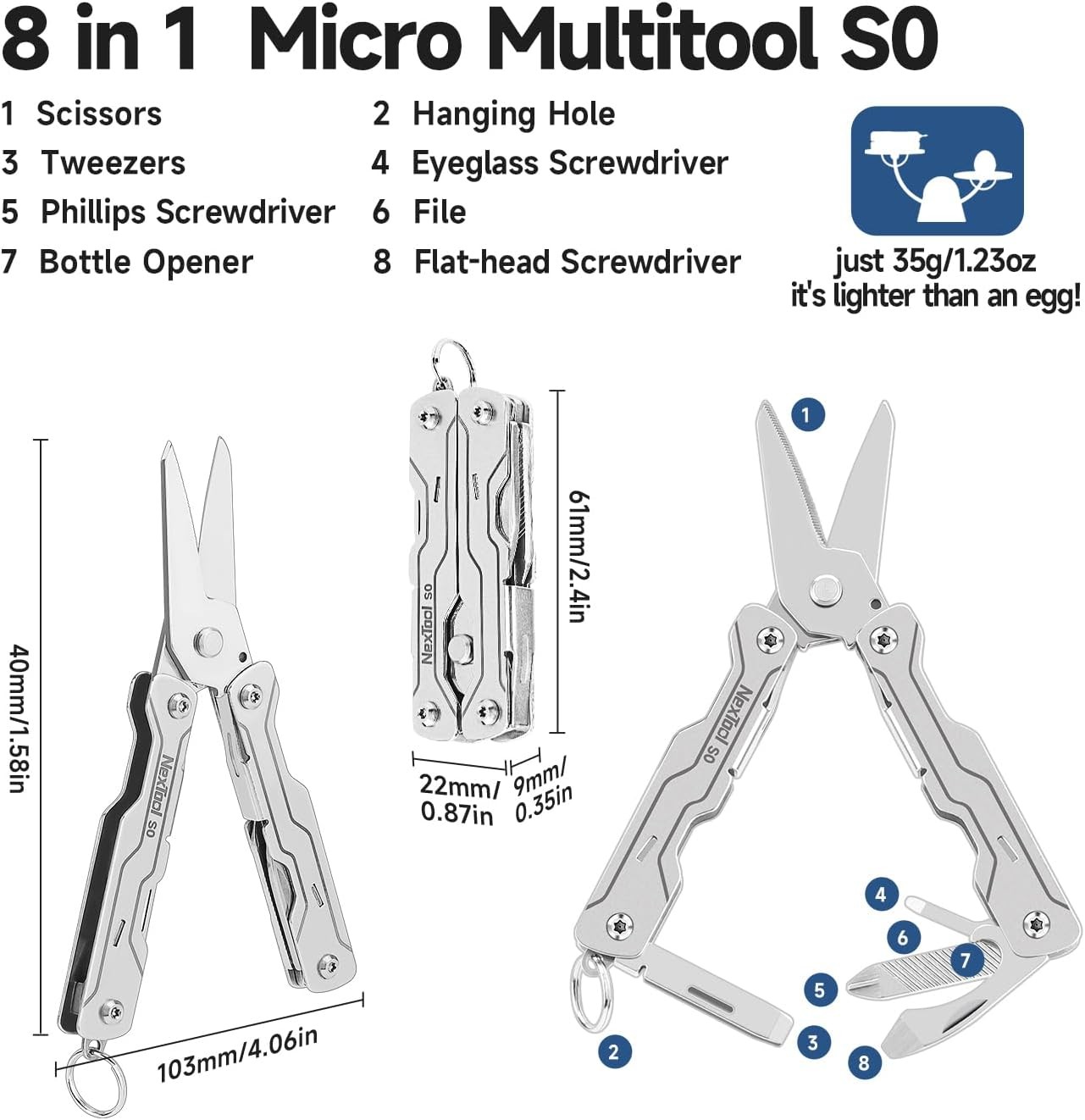 NexTool Micro Sailor Scissors S0, Mini Keychain Multitool with Serrated Scissors