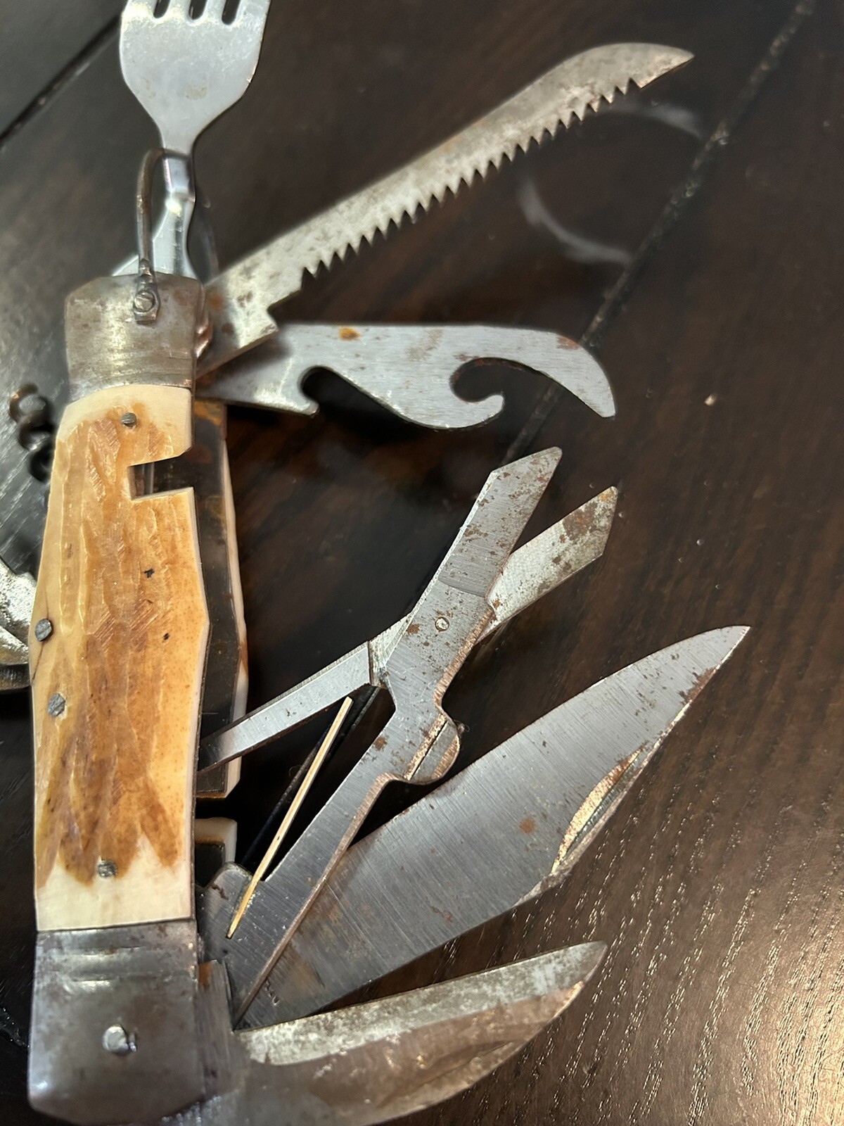 Vintage Pocket Knife 11 Multi Tool Hobo-Camping With Bone Handle