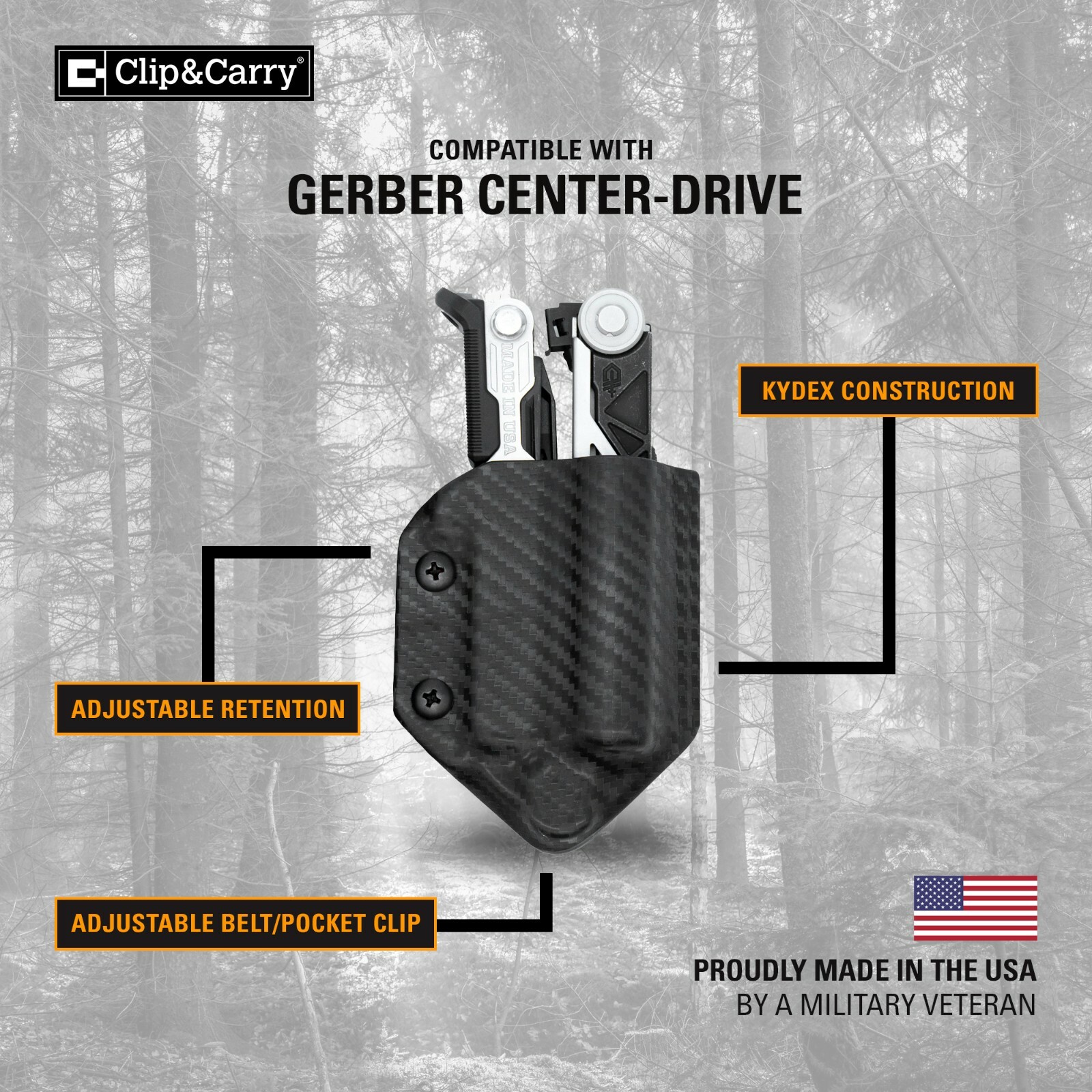 Clip & Carry Kydex Multitool Sheath – For the Gerber CENTER-DRIVE – USA Made