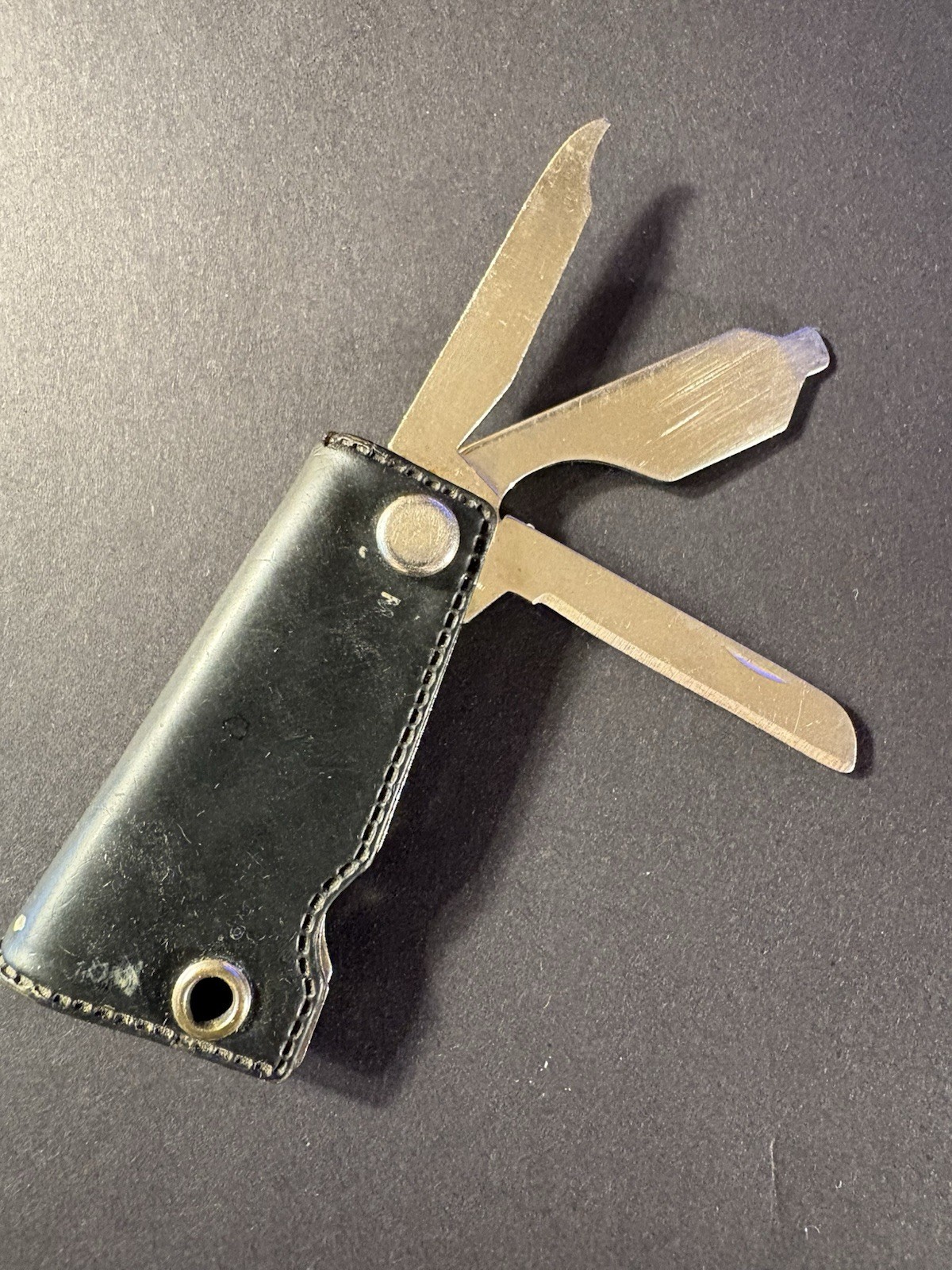POCKET TOOL with Leather Holder: Screw Driver, Bottle Opener, File, Knife