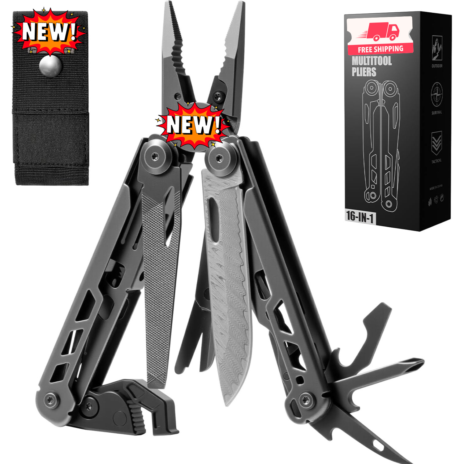 Multiherramienta 16 en 1 de acero inoxidable con alicates, llave hexagonal ajust