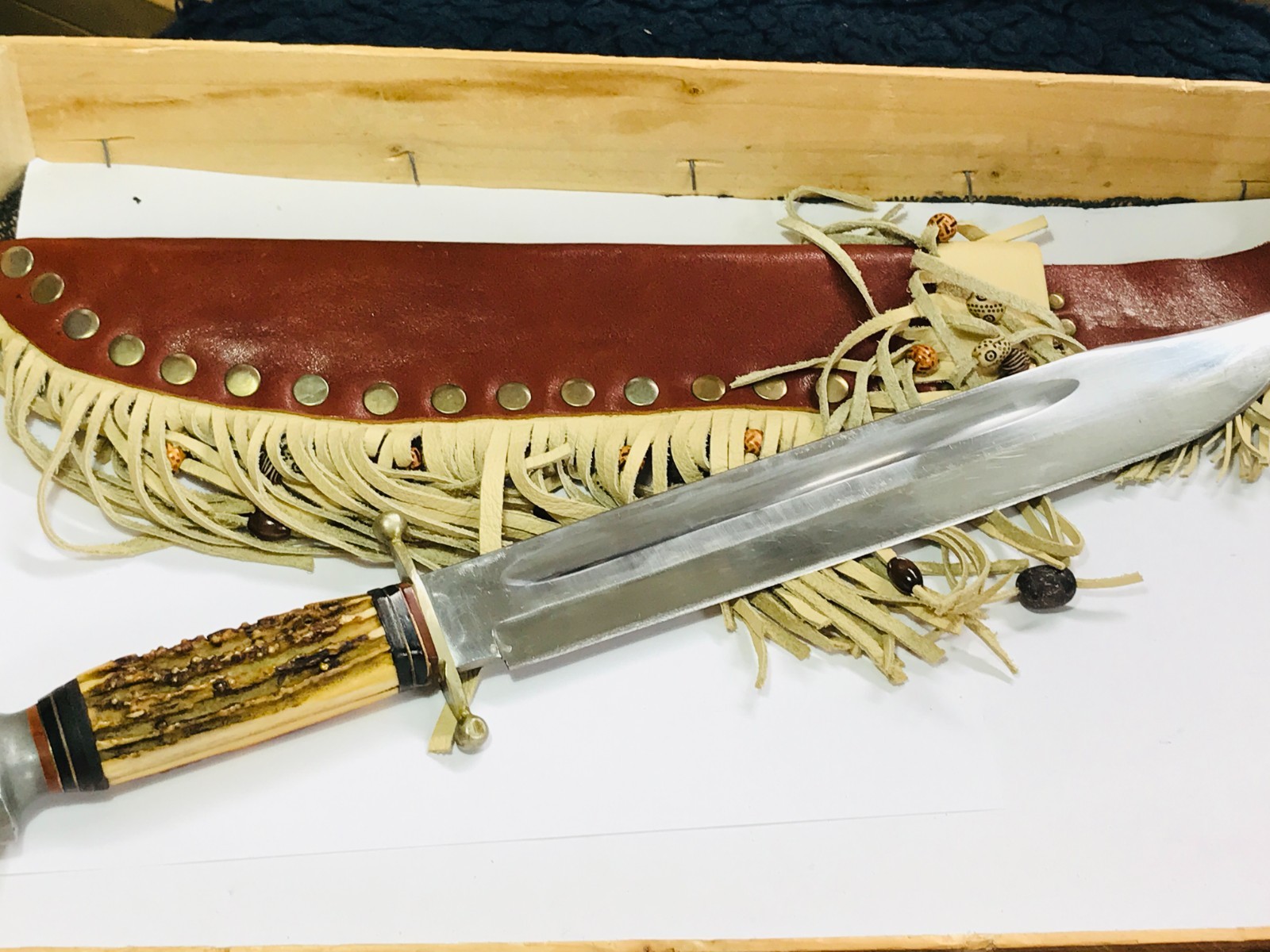 VINTAGE Rehwappen XXXL BOWIE KNIFE STAG HORNE SOLINGEN GERMANY USED