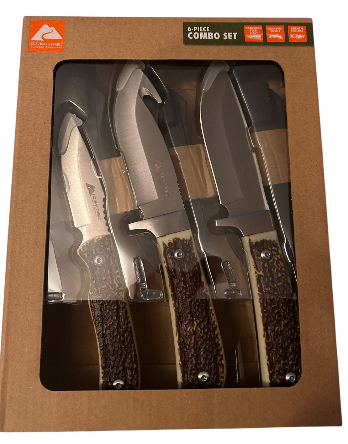 Ozark Trail 6 Pc Hunting Knives Set Fixed Blade 8.5” Gut Hook, 7.25 Skinner NEW