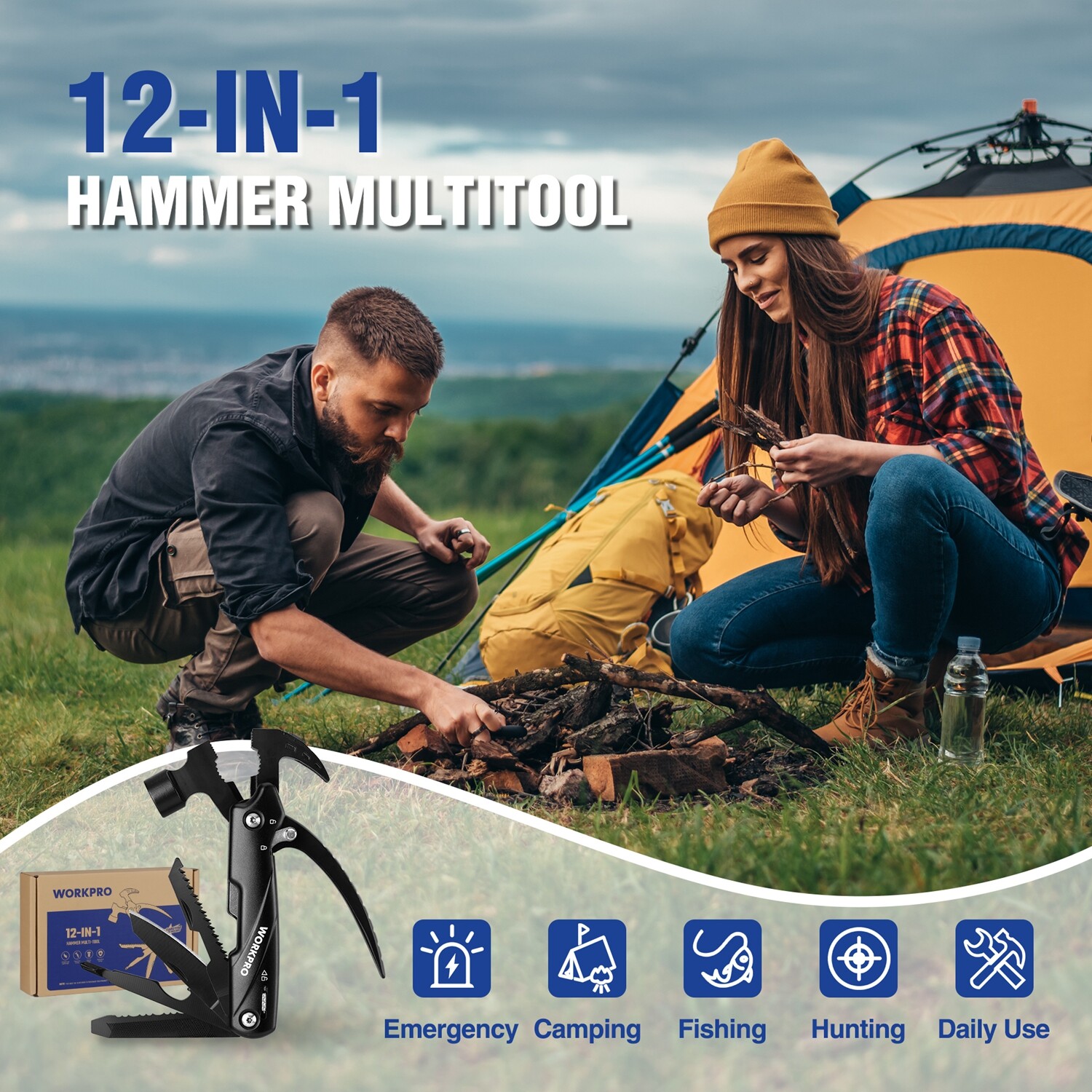 WORKPRO 12-in-1 Camping Tool Multitool Mini Hammer Multi Tools Pliers Saw Blade