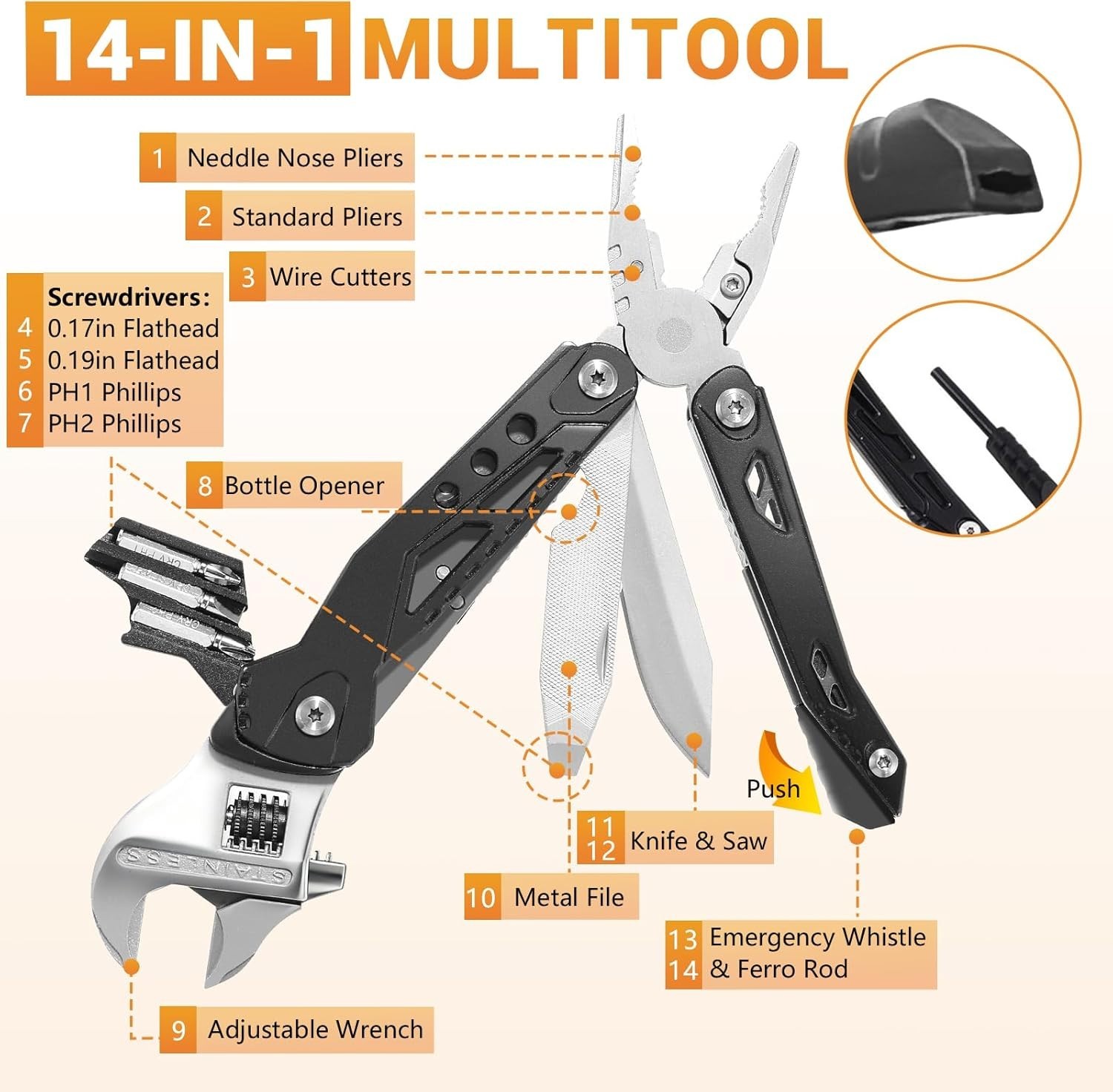 Multitool, 14-in-1 Adjustable Wrench with Screwdrivers, Knife, Saw, Pliers,…