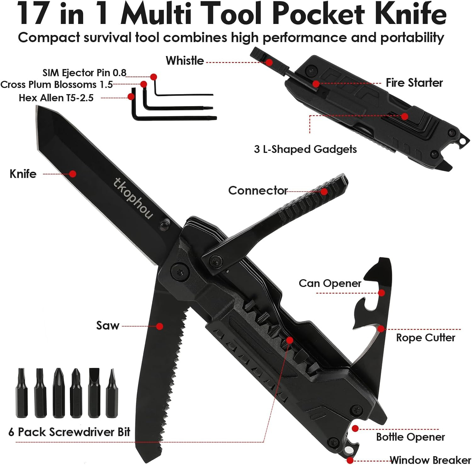 Multitool Knife, Multi Tool Pocket Knife for Men, 17-In-1 Folding Knife Camping