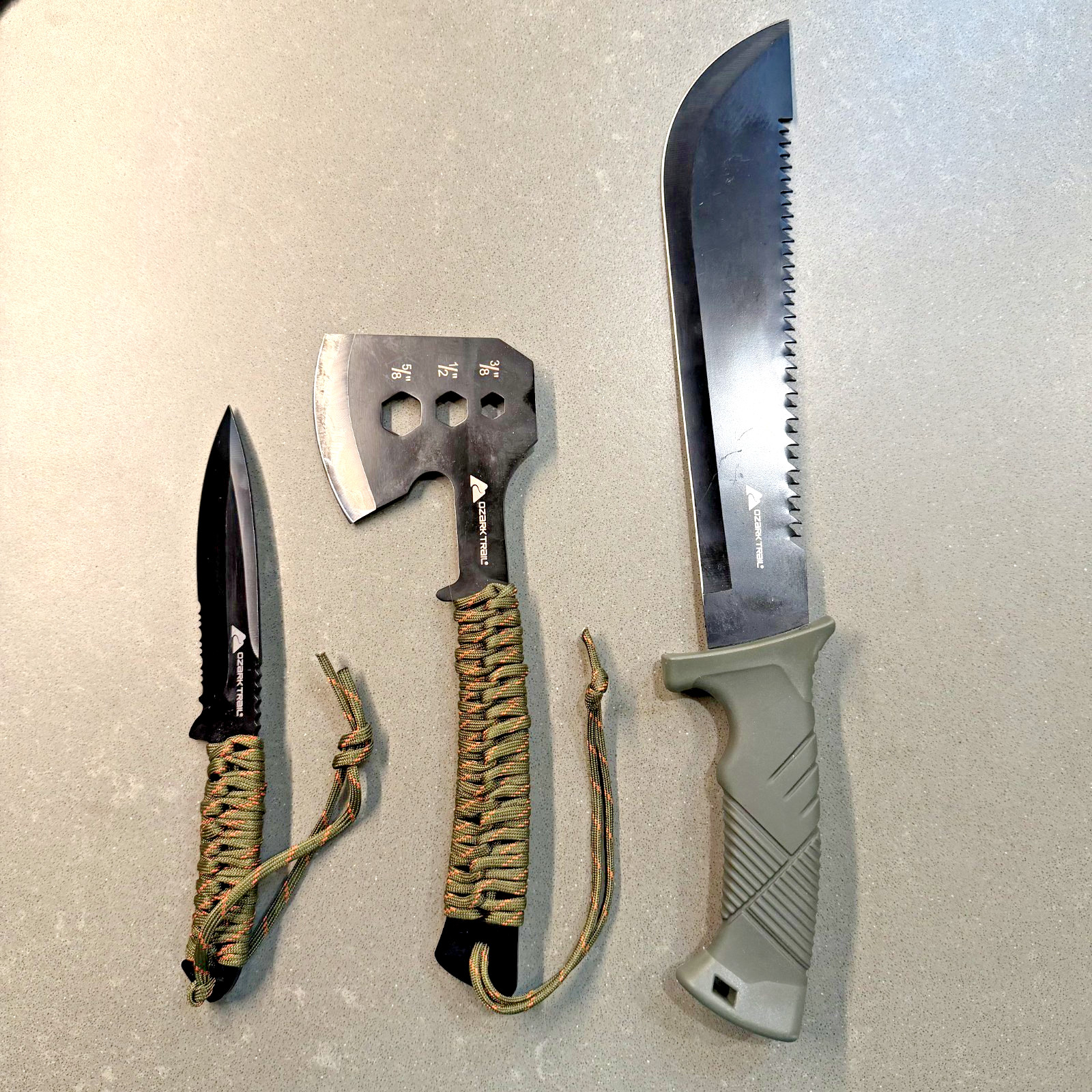 Ozark Trail 3 Pc Camping Knife Hatchet Machete Set w Sheaths Survival Kit