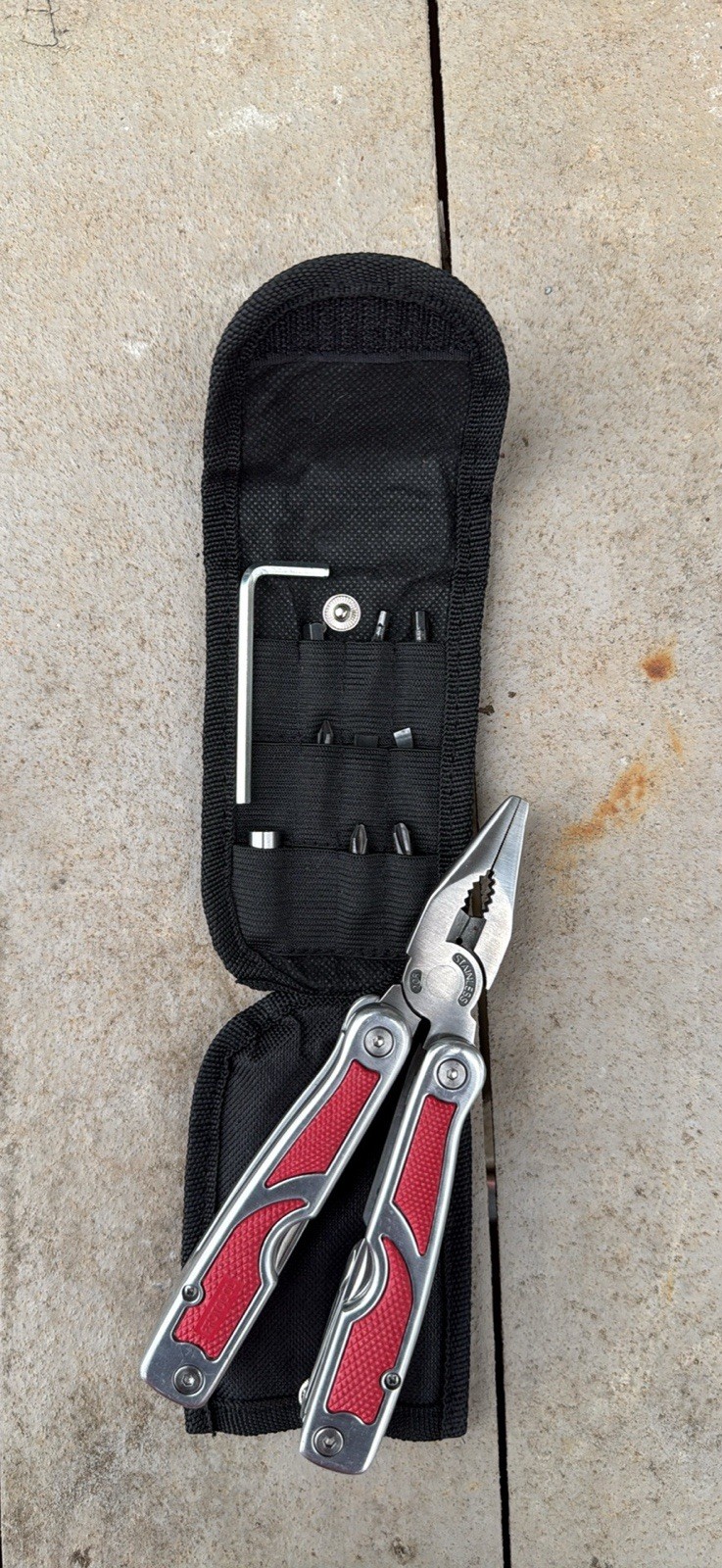 Protocol Red & Silver Multi-Tool, 8 Tools, Stainless Steel, Sheath, Bit Driver