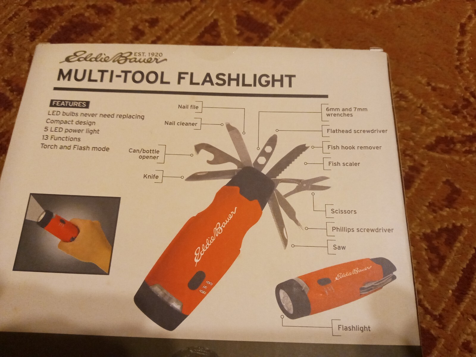 Eddie Bauer Multi-tool Flashlight Multi-purpose 2 Mode Light 12 Functions 5 LEDS