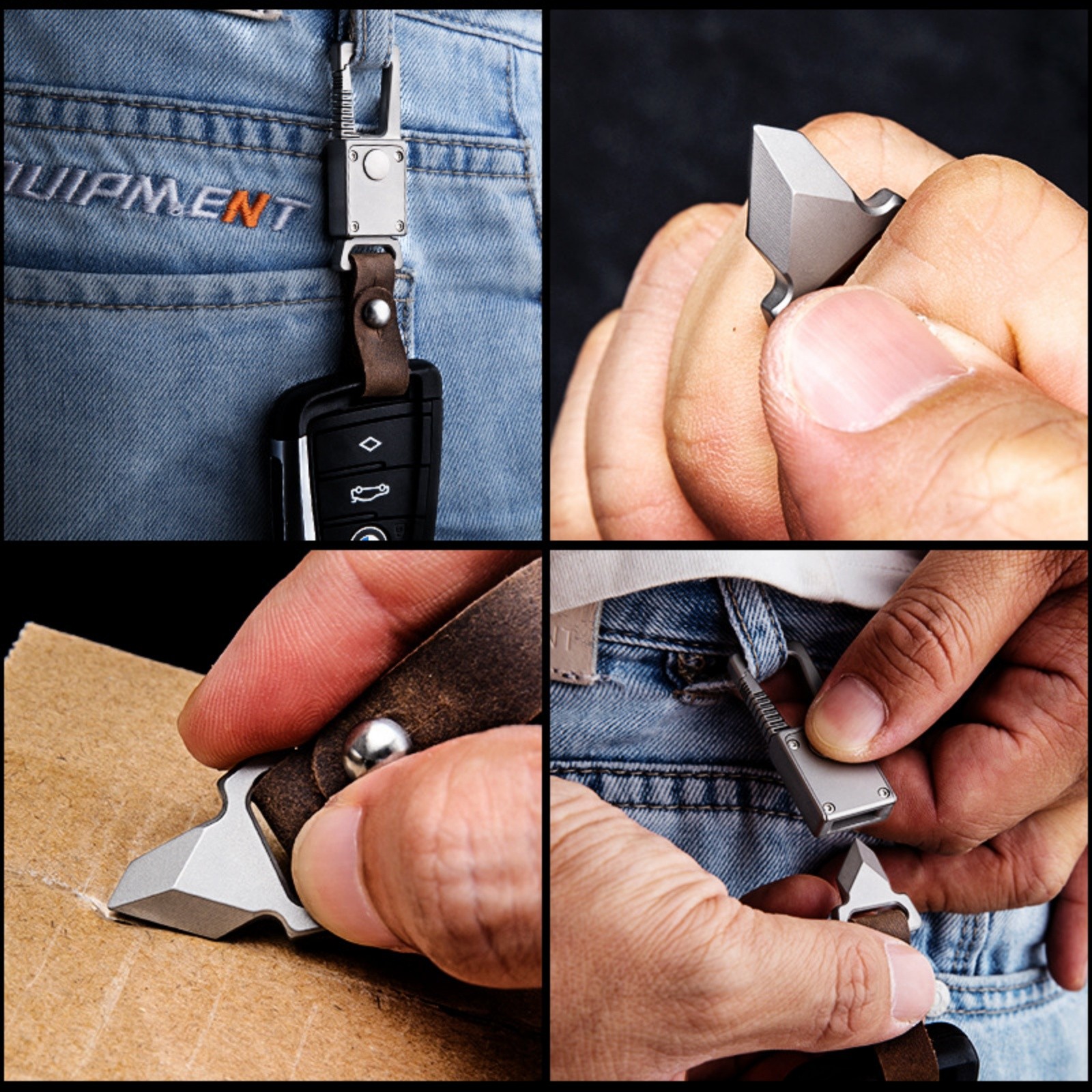 Titanium Alloy Keychain Belt Clip Bag Pendant with Leather Strap Removable