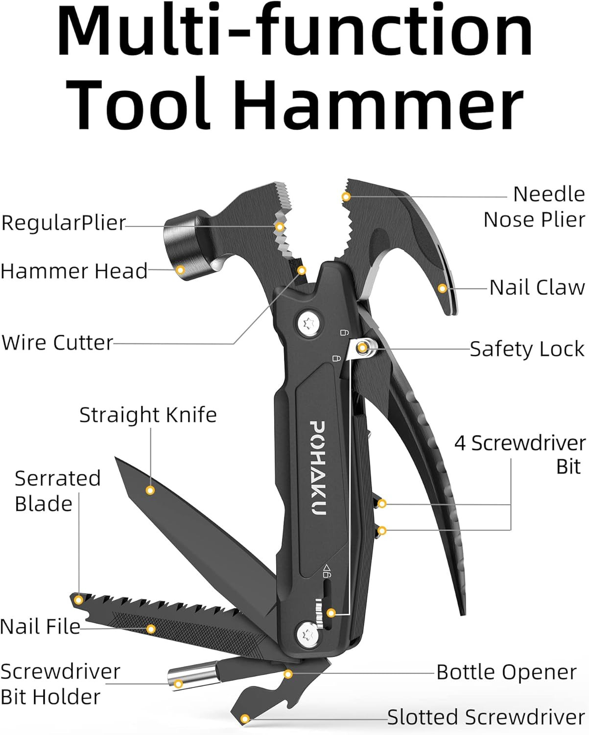 14-In-1 Durable Multitool Hammer with DIY Stickers, Safety Lock Screwdriver Bits