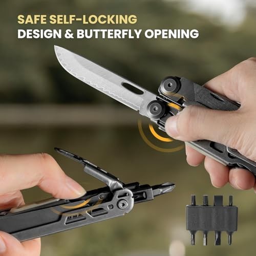 33-in-1 Stainless Steel Multitool Pliers, Damascus Pocket Knife & Nylon Sheath f