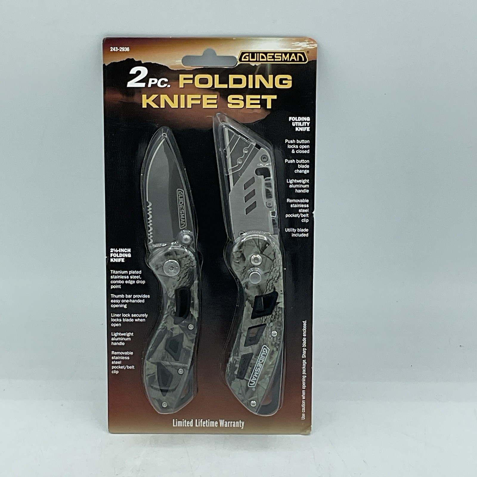 Guidesman 2.5″ Folding SS Knife,Titanium Plated Drop Pt + Utility Knife, 2PC Set