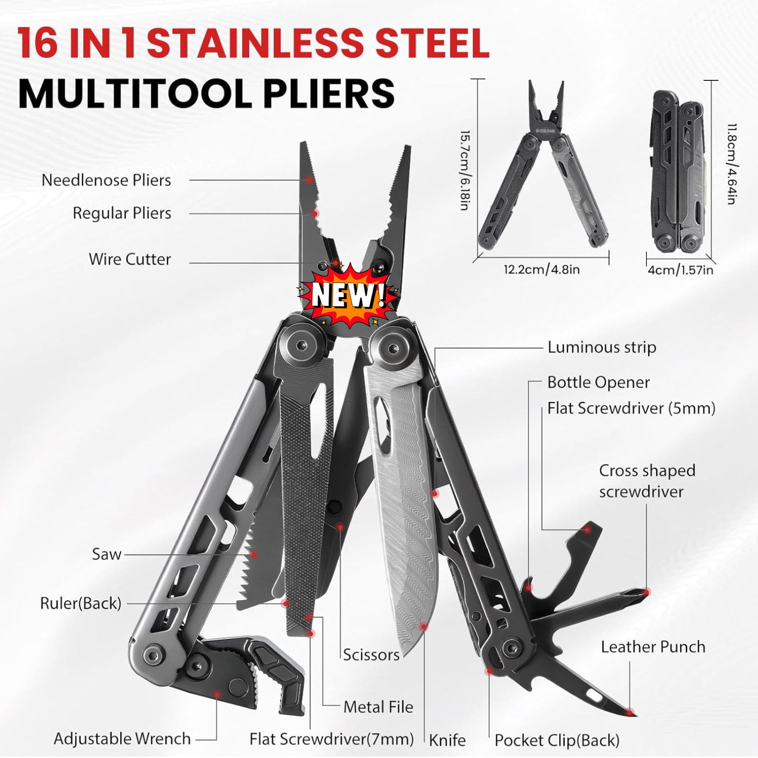Multiherramienta 16 en 1 de acero inoxidable con alicates, llave hexagonal ajust