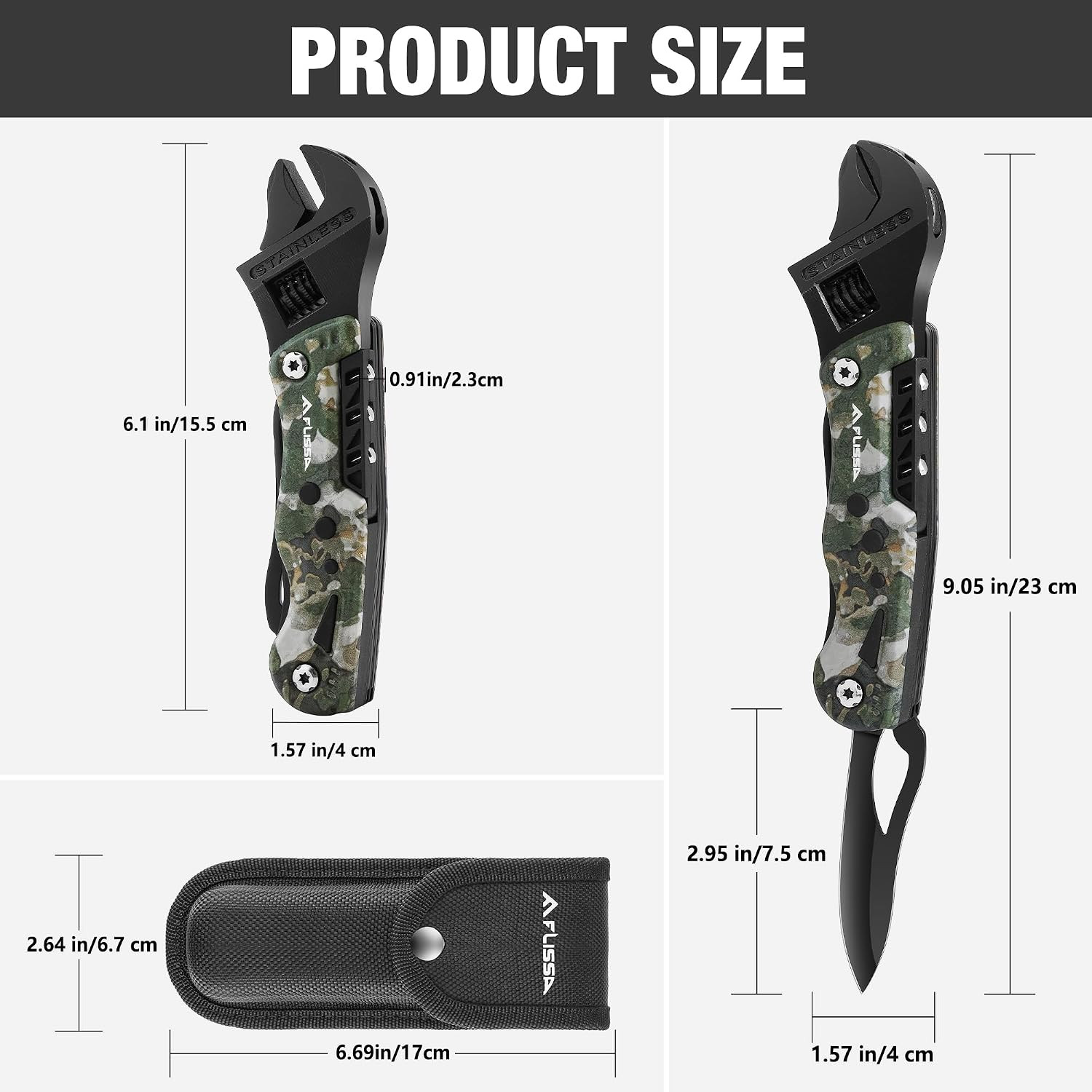 13-in-1 Stainless Steel Multi Tool Wrench with LED Light and Sheath