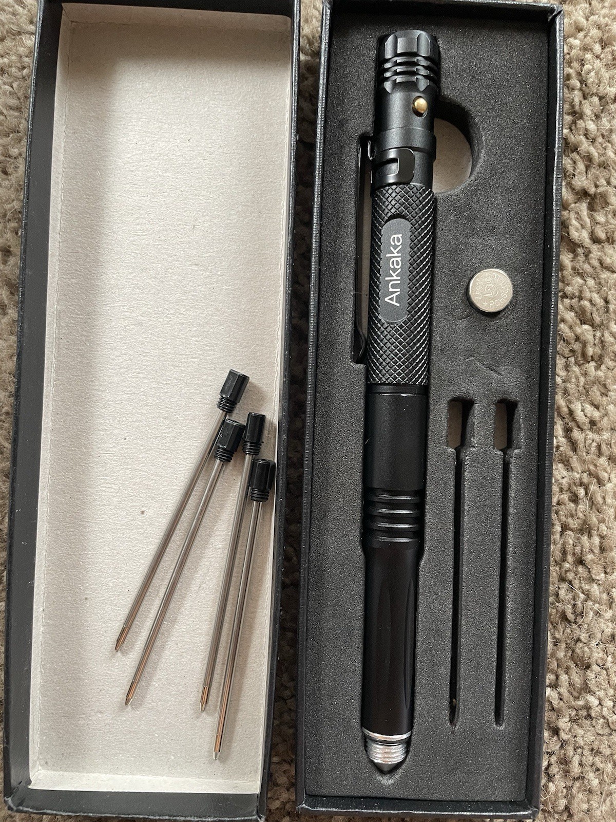 Ankaka Tactical Pen Multi-Tool, Metal, LED Flashlight, Black, X0028FX9AT *NEW*